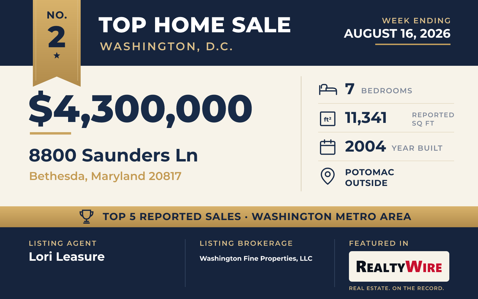 Top home sale No. 2 in the Washington, D.C. metro area — 8800 Saunders Ln, Bethesda, Maryland, week ending August 16, 2026