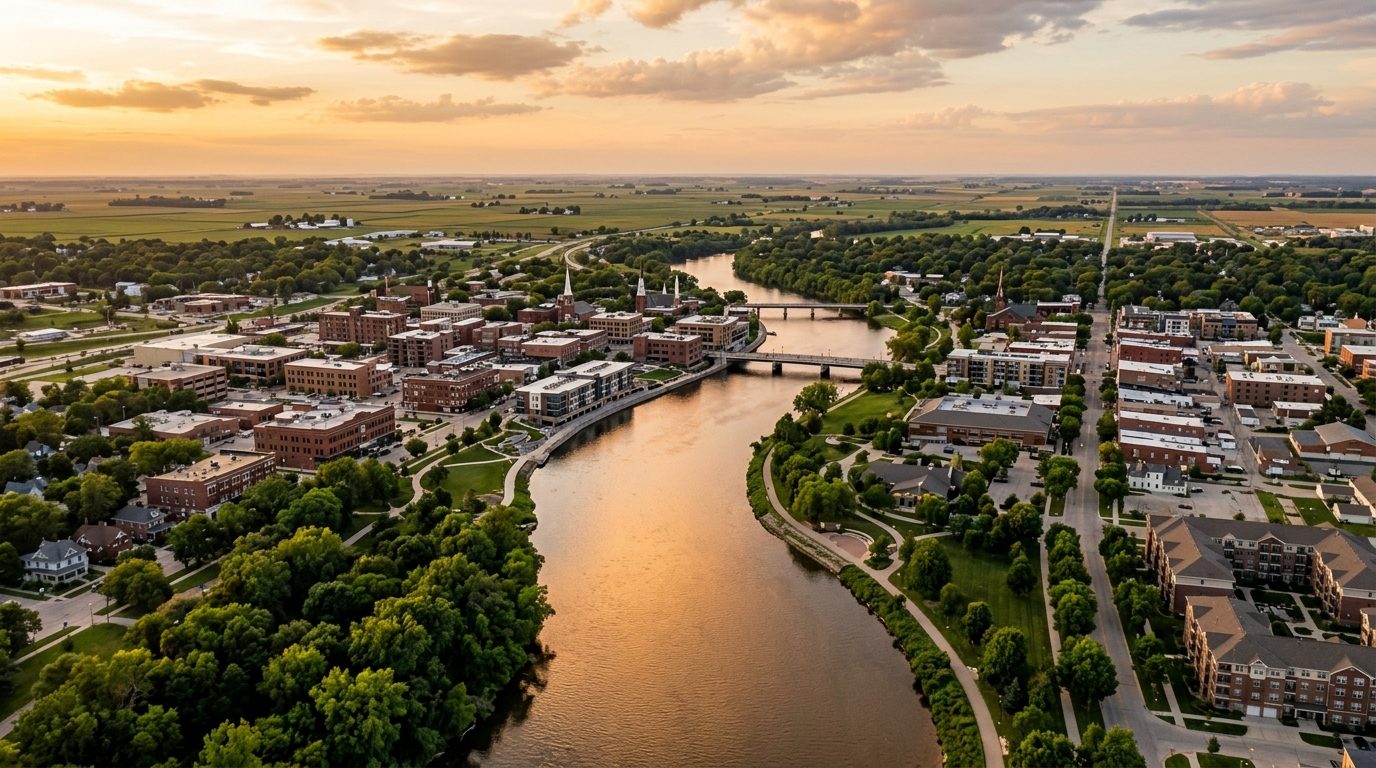 Waterloo, IA — Cedar River winding through the Waterloo-Cedar Falls skyline at flanked by tree-lined riverbanks, brick