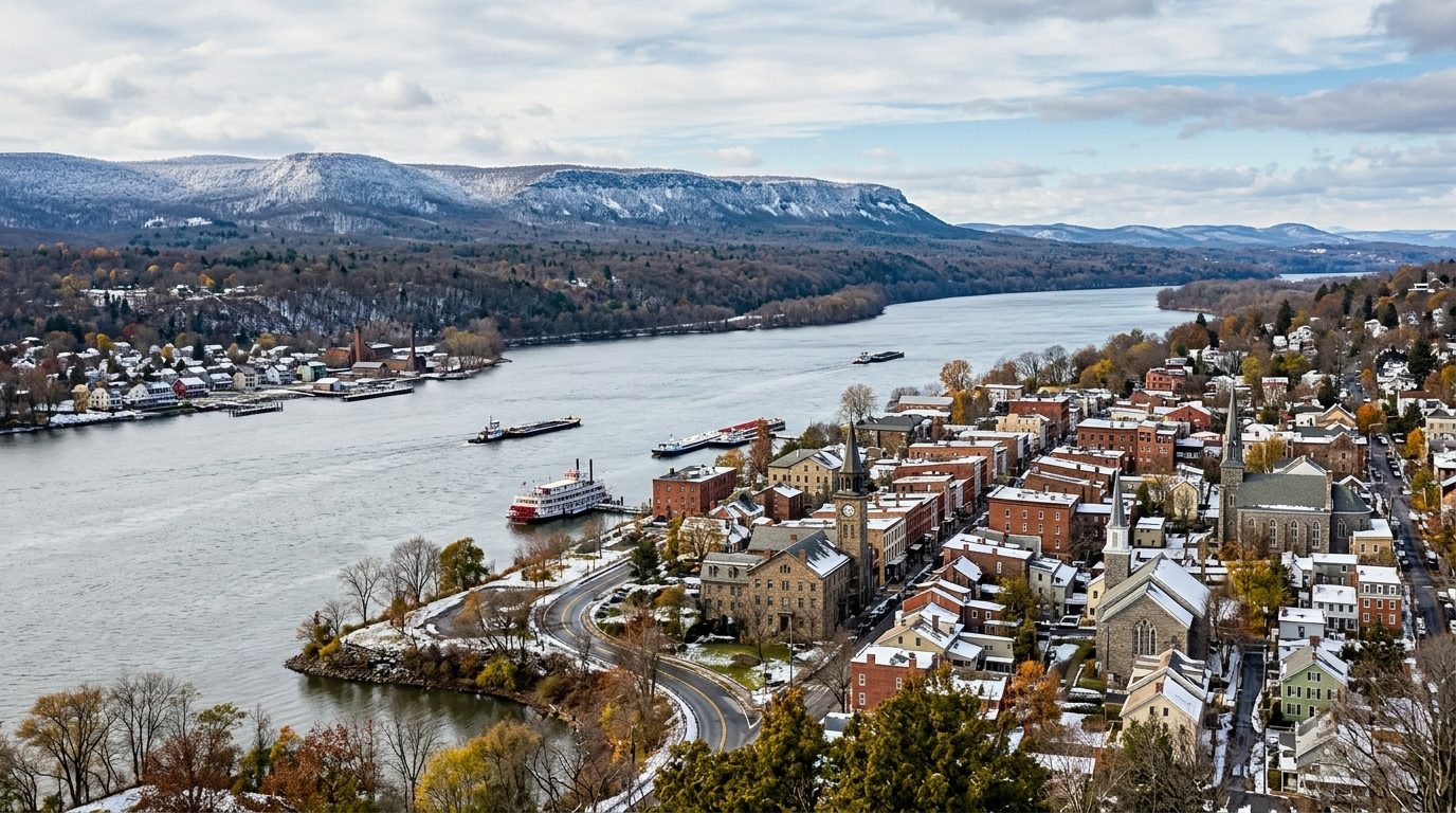 Watertown, NY — Historic small city on a wide river near a great lake, with a snow-dusted forested plateau in the distance