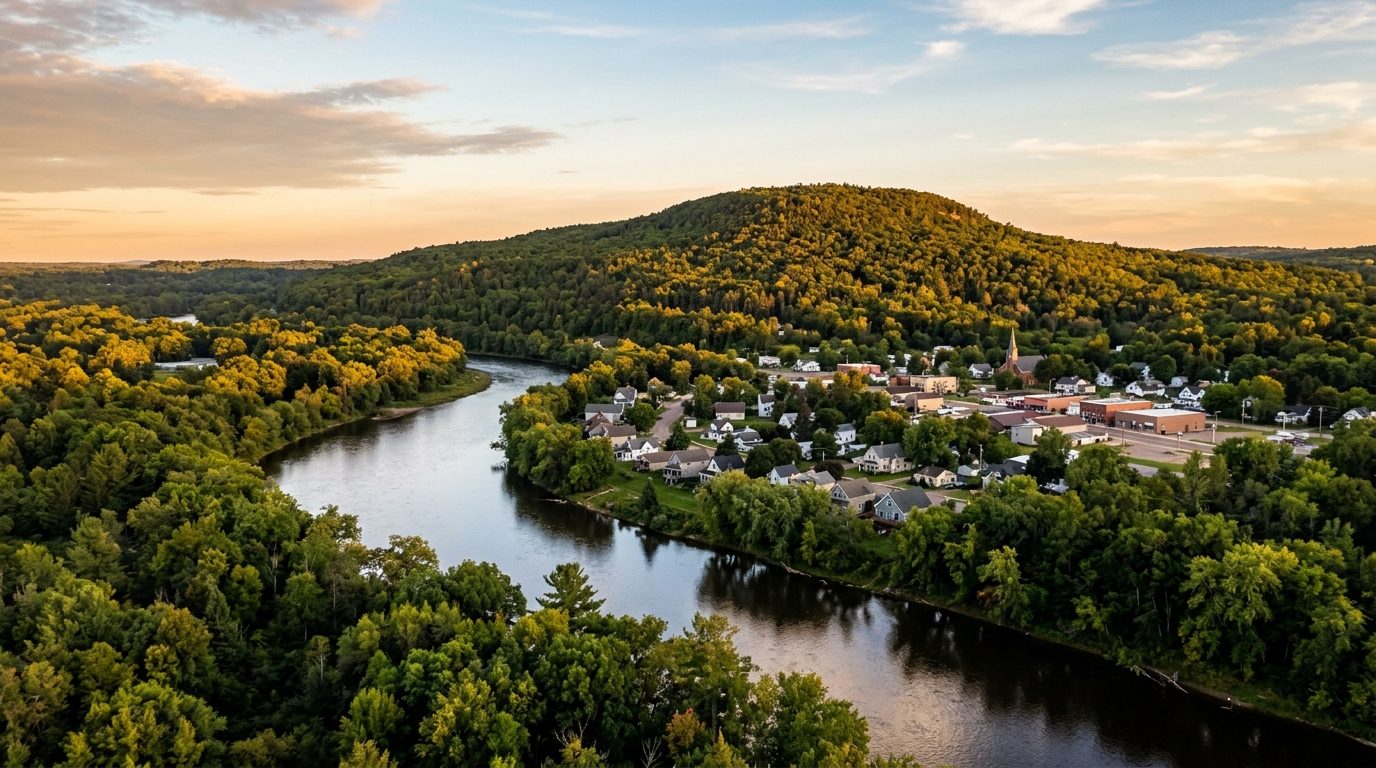 Wausau, WI — Landscape of a river winding past a small north-central Wisconsin city at with a forested hillside monadnock