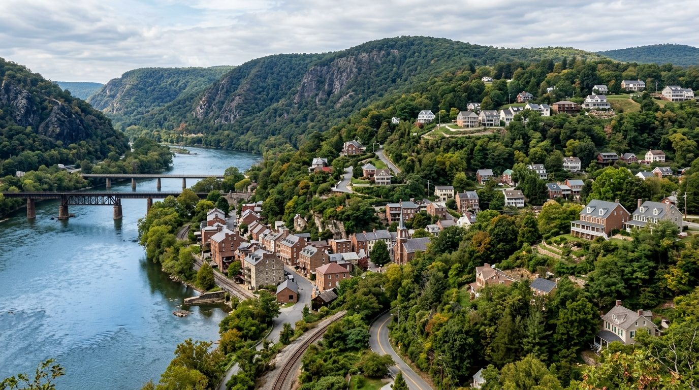 Weirton, WV — River valley town built up a steep hillside along a wide river, with older brick buildings near the water and