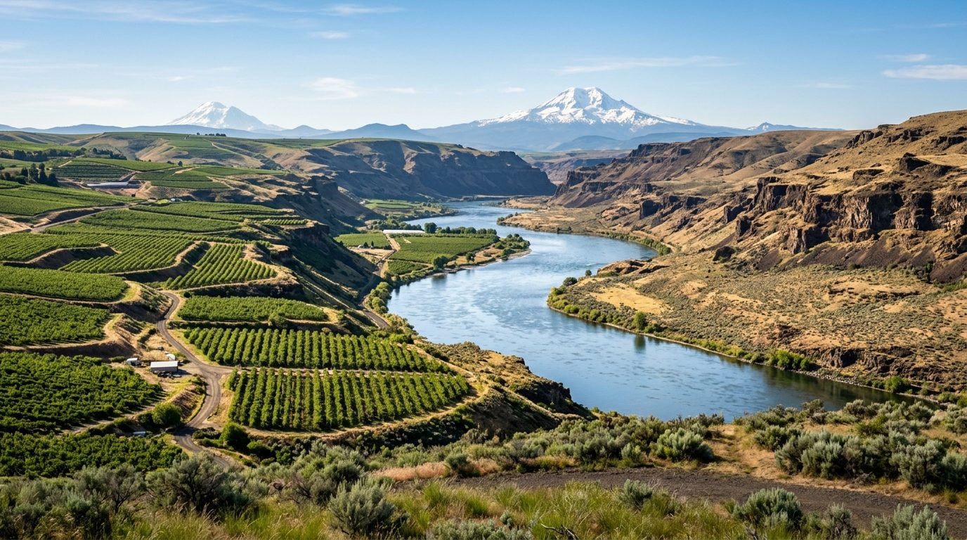 Wenatchee, WA — Columbia River winding between terraced apple orchards and dry, sunlit basalt canyon slopes with the