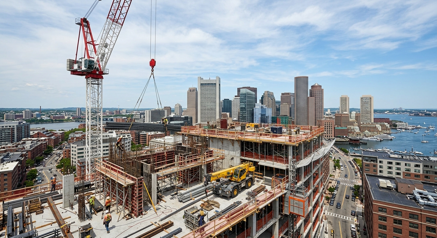 An active high-rise construction site with a tower crane against a city skyline.