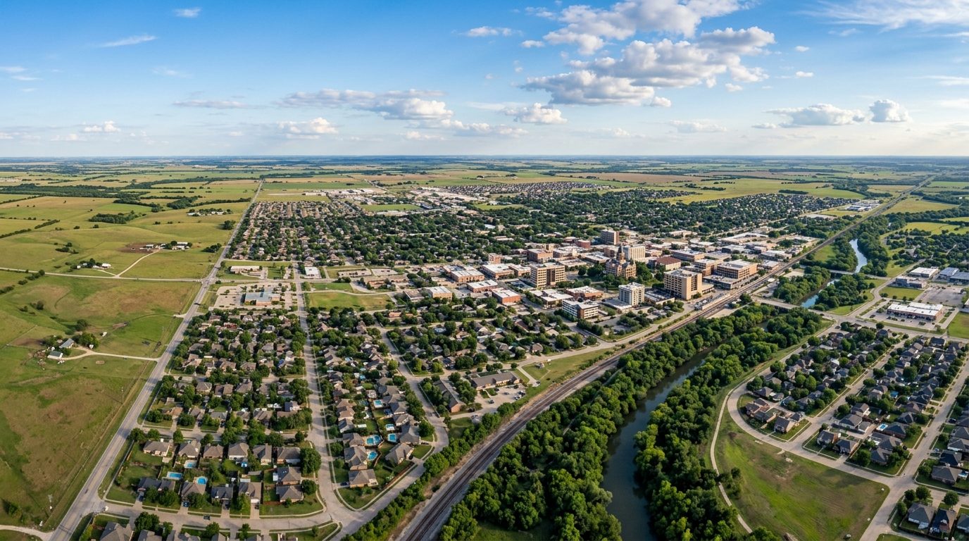 Wichita Falls, TX — Flat north Texas prairie city bisected by a winding tree-lined river with a low downtown skyline and grid of