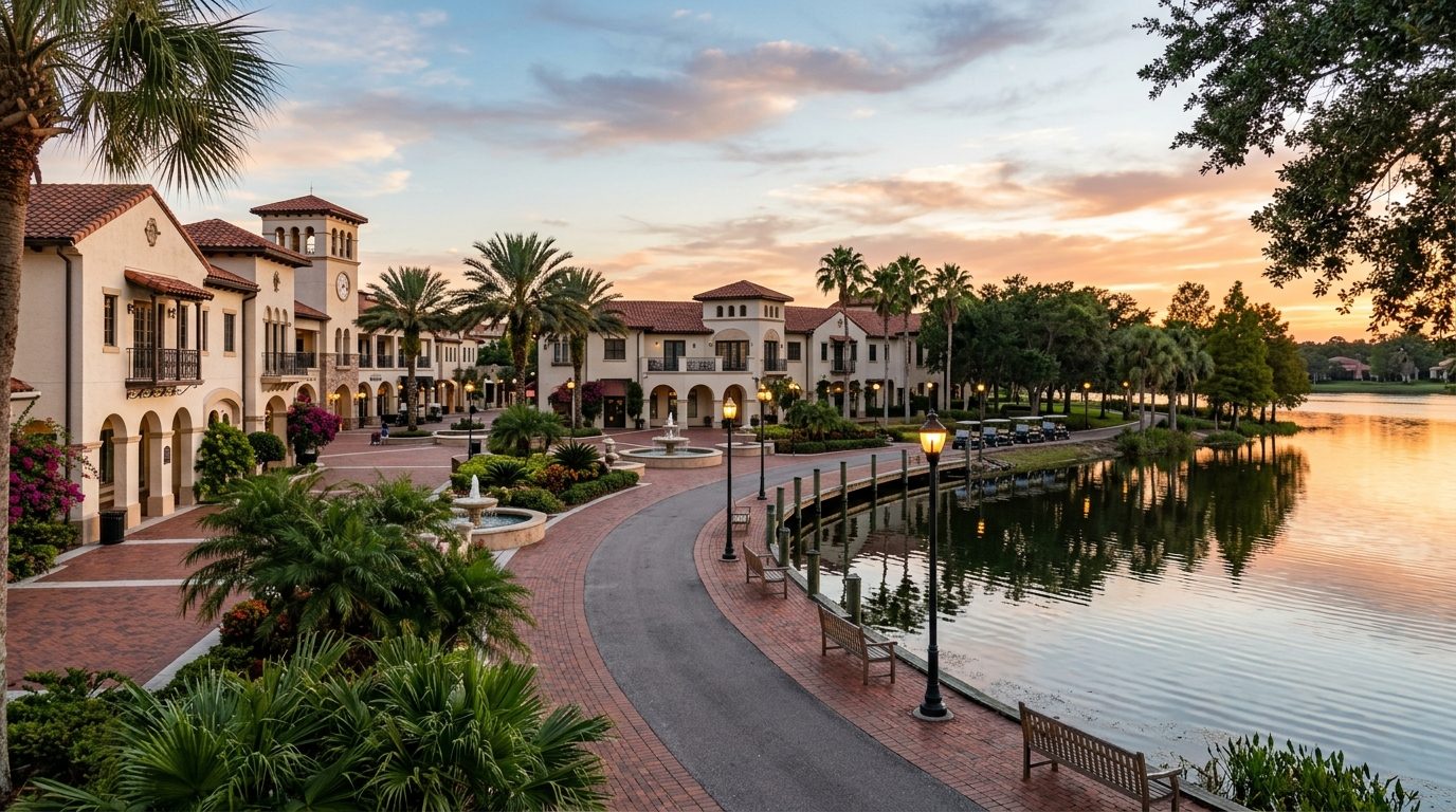 Wildwood, FL — Central Florida retirement town square with Spanish-mission-style architecture, palm trees, a golf cart path,