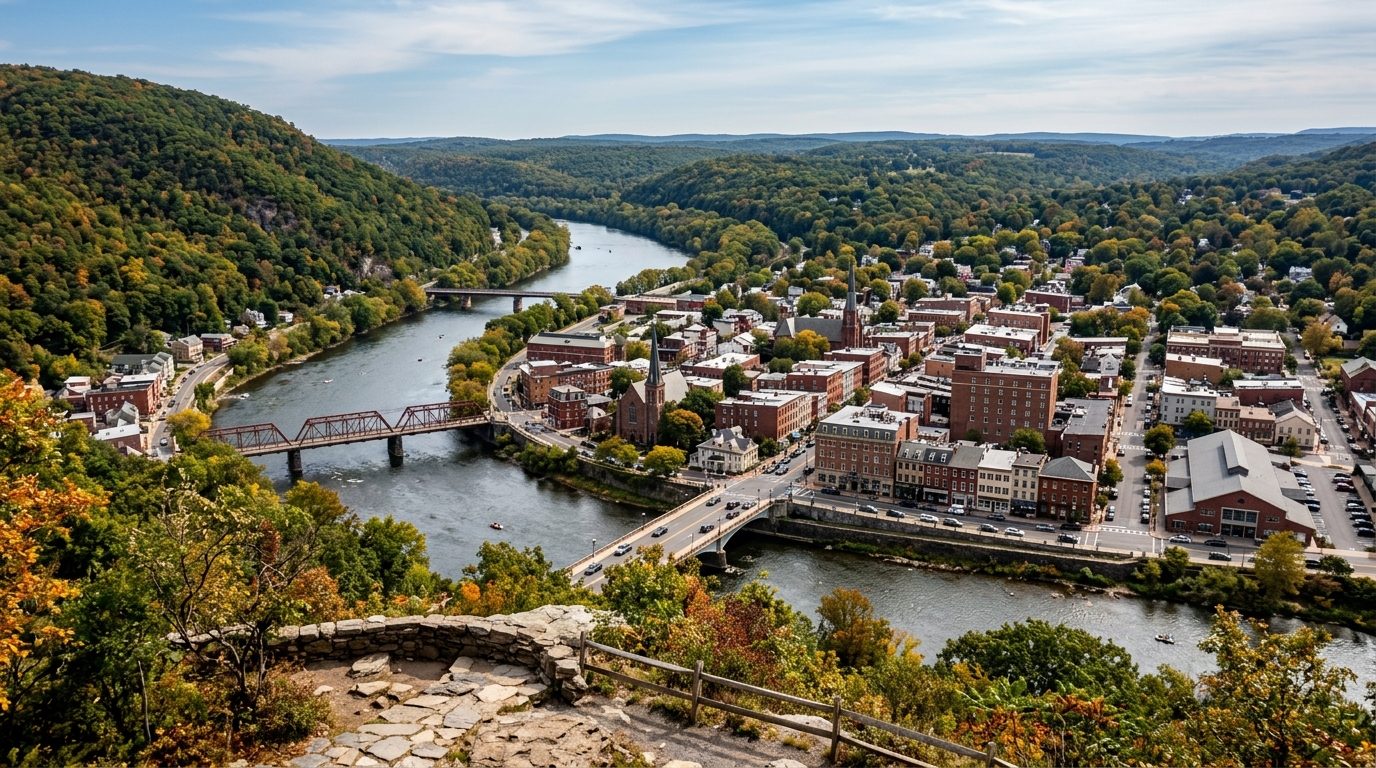 Williamsport, PA — Small Pennsylvania river city in a forested valley, with a historic downtown, a wide river, and green