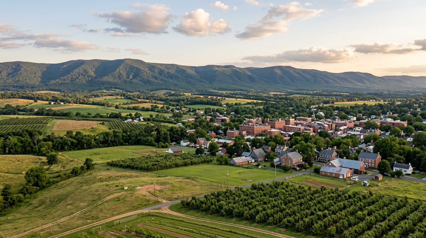 Winchester, VA — Shenandoah Valley near Winchester, Virginia, showing rolling farmland and apple orchards in the foreground,