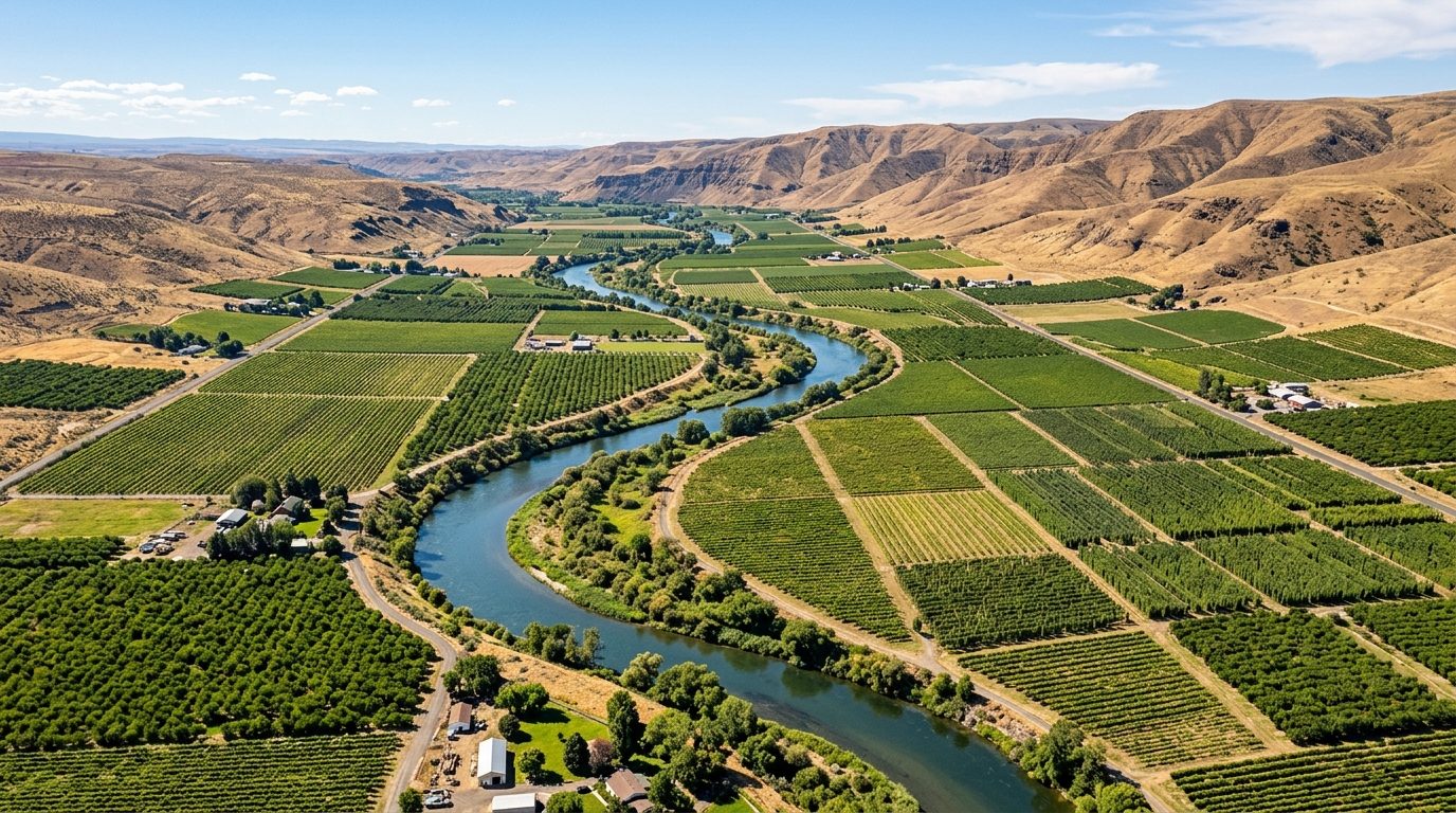 Yakima, WA — Yakima River winding through a high-desert valley lined with orchard rows and hop trellises beneath arid,