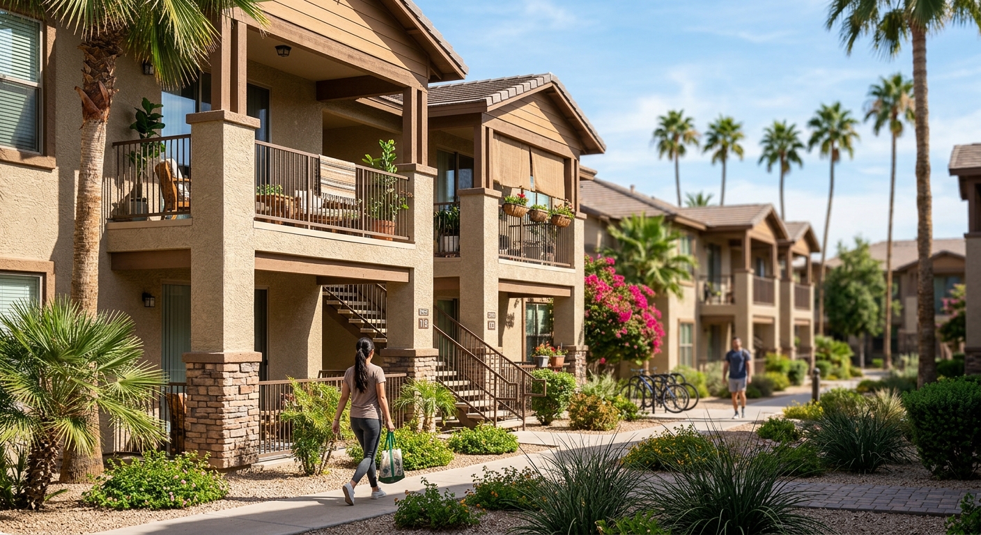 Exterior of a modern apartment complex in a Sun Belt city, representing national multifamily rent trends.