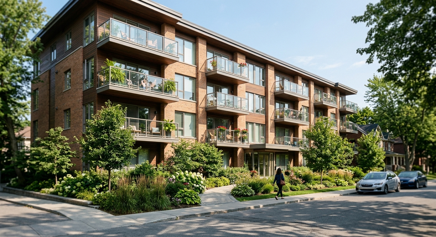 The exterior of a modern mid-rise apartment building with balconies and landscaping on a sunny afternoon.