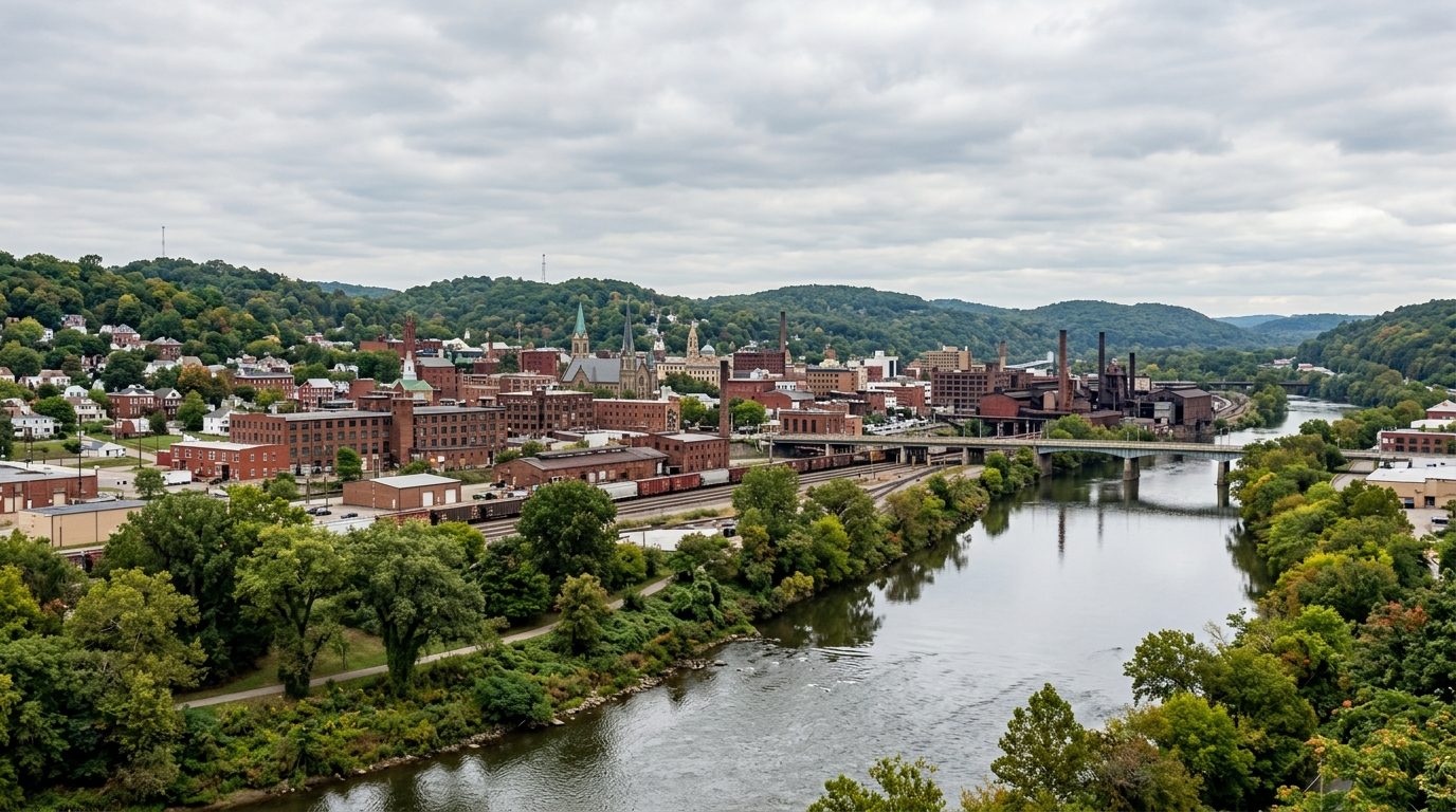 Youngstown, OH — Mahoning River winding past a small Rust Belt city skyline with old brick mill buildings, church steeples,
