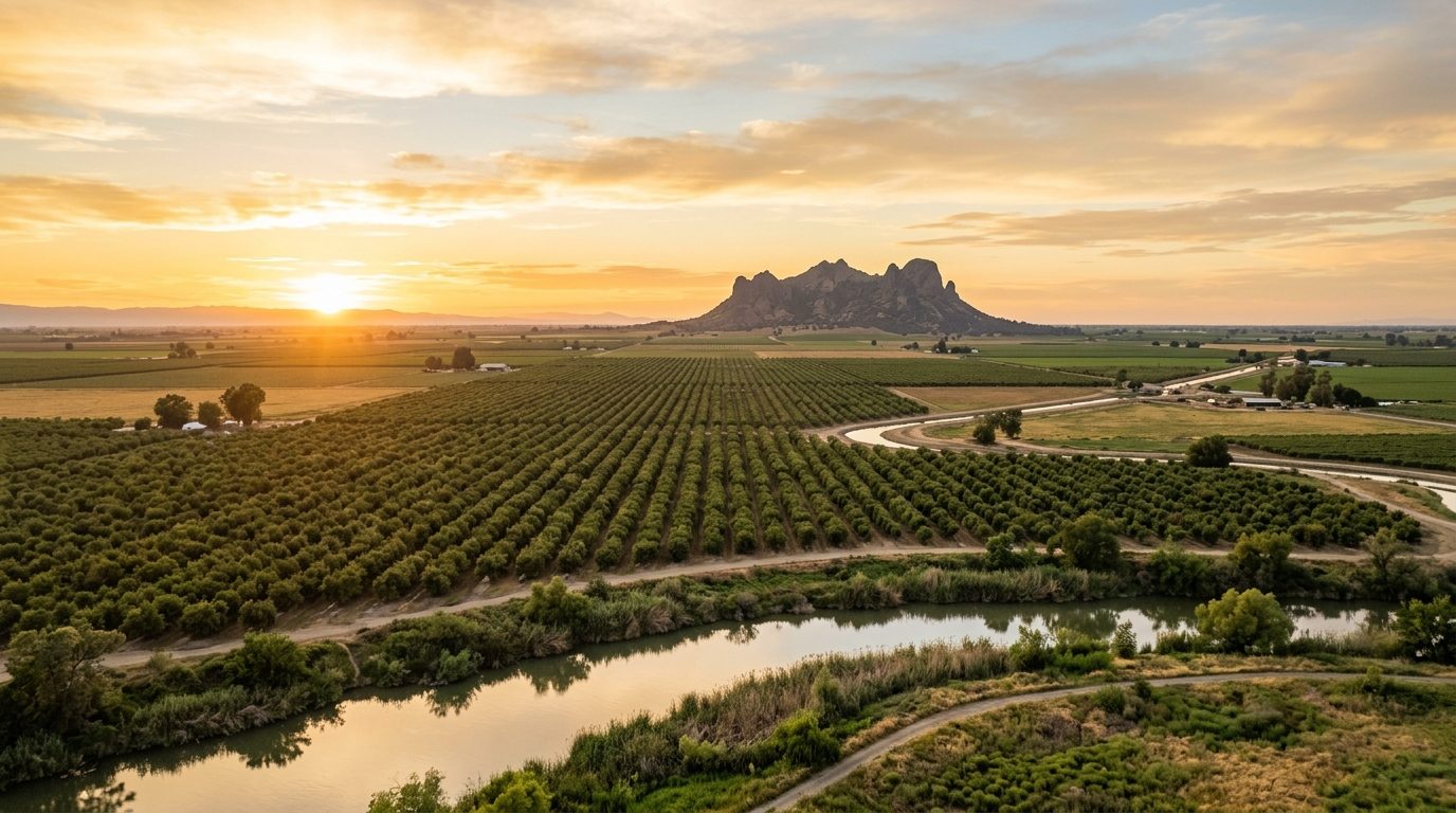 Yuba City, CA — Flat Sacramento Valley farmland with orchard rows and a slow-moving river in the foreground and the isolated