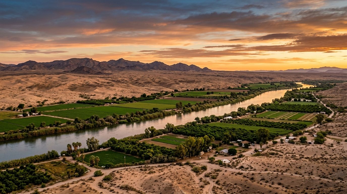 Yuma, AZ — Desert river valley at sunset, with a wide slow river bordered by irrigated green farmland and sandy desert