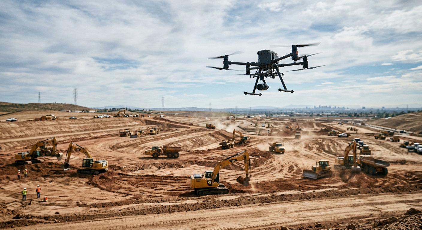 A drone flying over a large construction earthworks site with graded dirt and heavy equipment.
