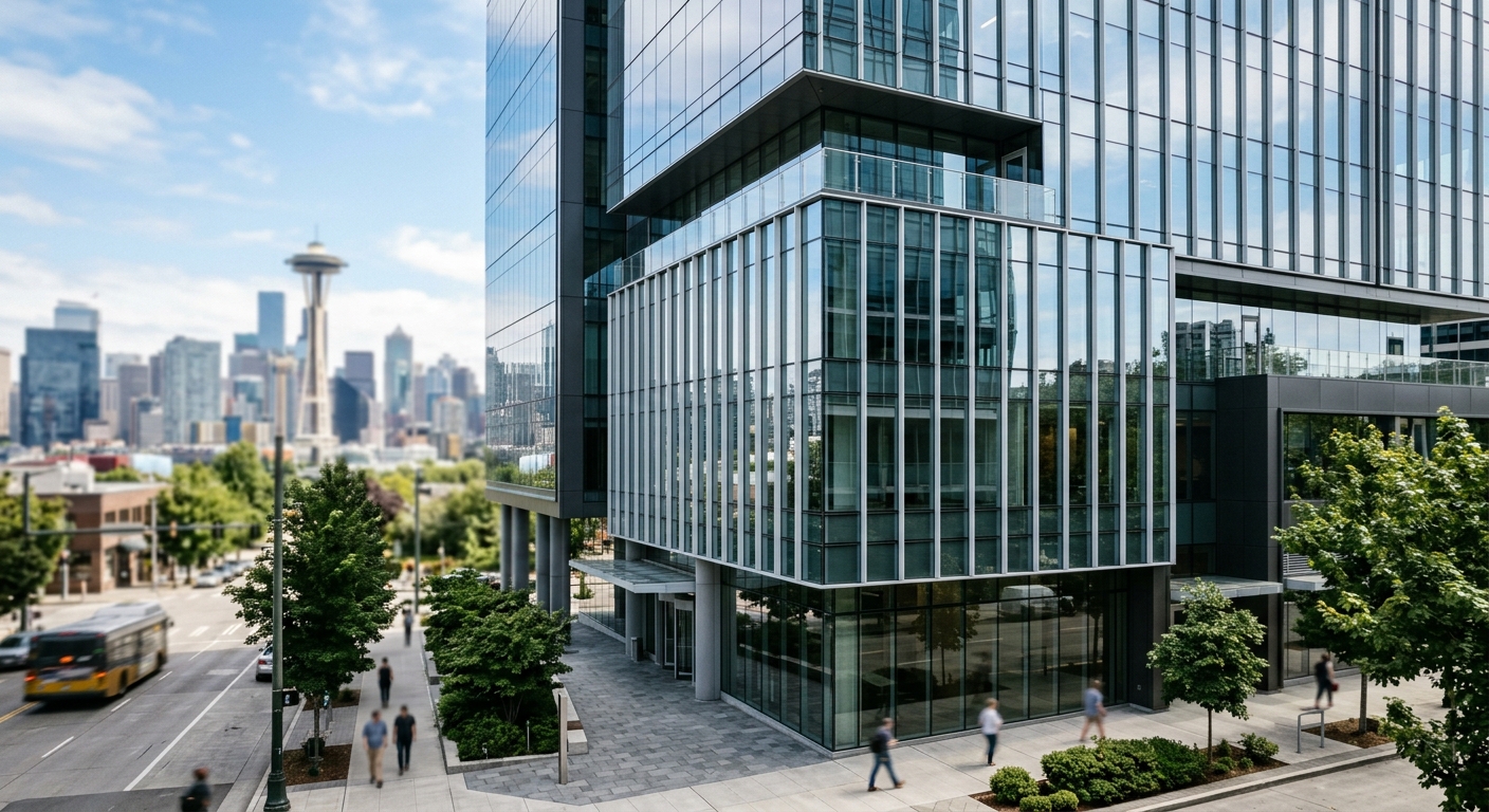 A modern glass office tower exterior with a city skyline in the background.