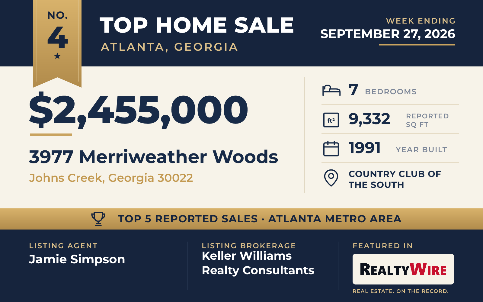 Top home sale No. 4 in the Atlanta, Georgia metro area — 3977 Merriweather Woods, Johns Creek, Georgia, week ending September 27, 2026