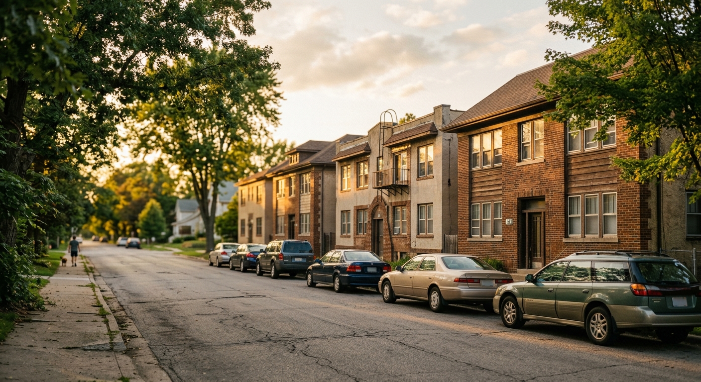 A row of low-rise apartment buildings along a residential street in late afternoon light.