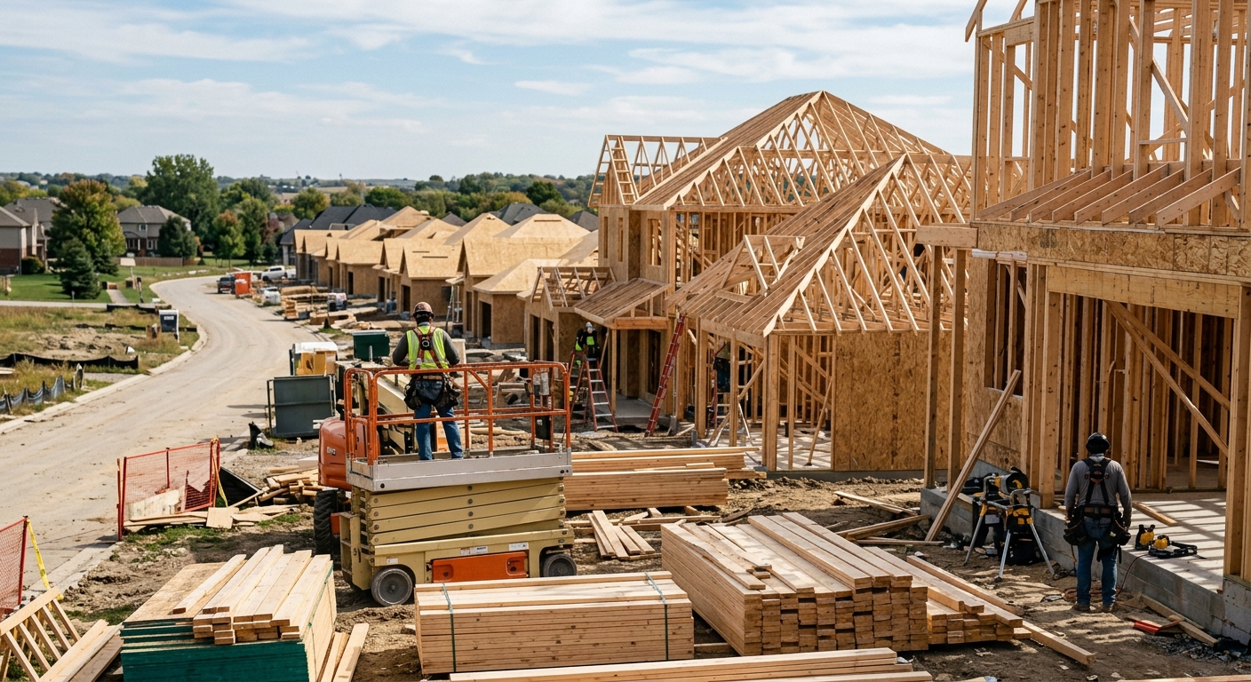 Wood-framed houses under construction in a new suburban subdivision on a clear morning.