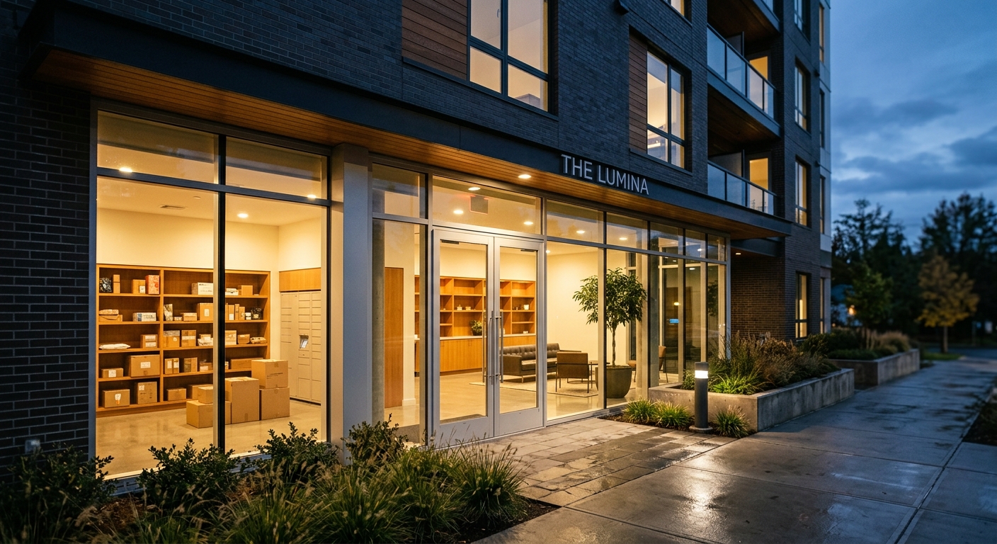 The glass lobby entrance of a modern mid-rise apartment building lit from within at dusk.