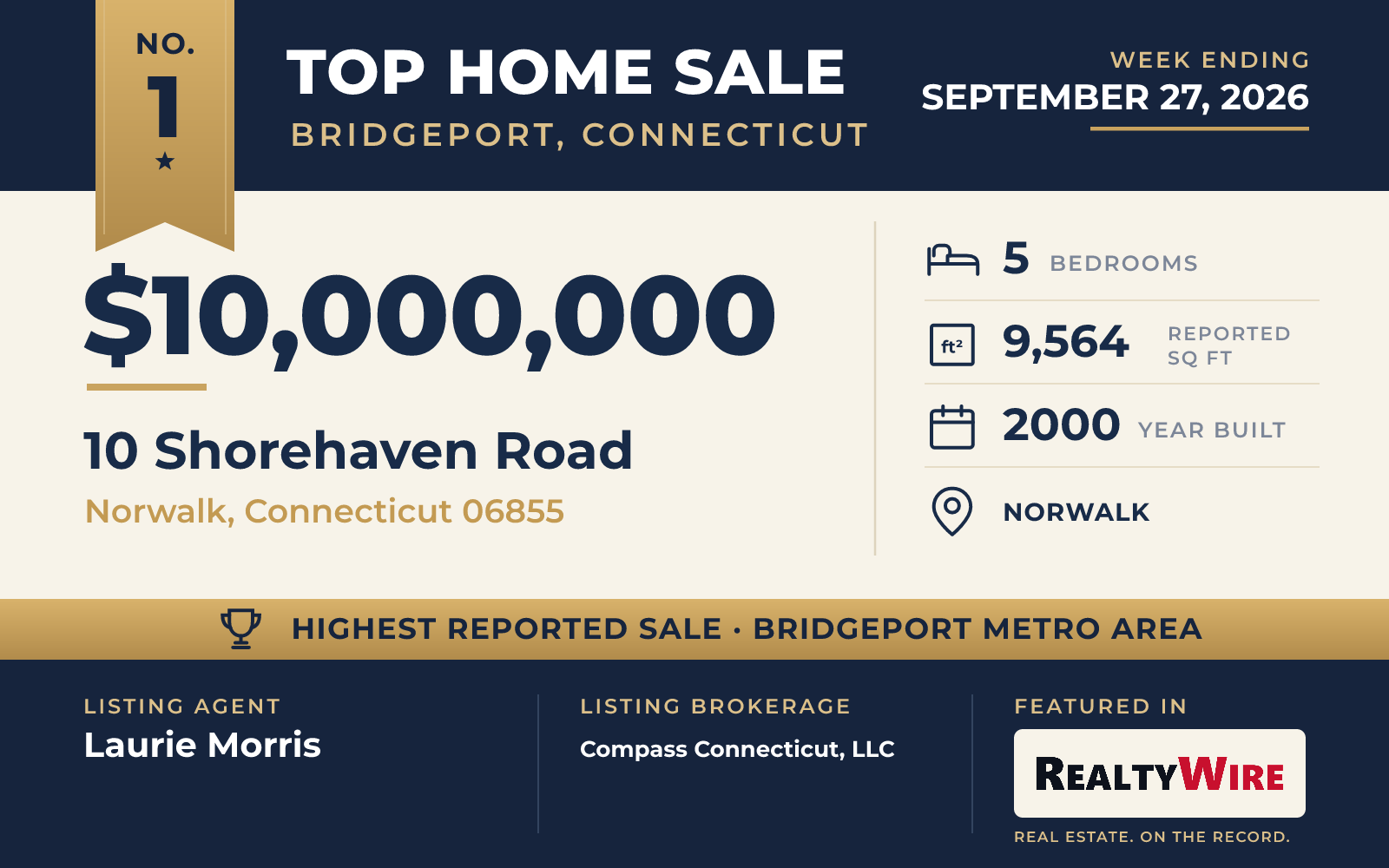 Top home sale No. 1 in the Bridgeport, Connecticut metro area — 10 Shorehaven Road, Norwalk, Connecticut, week ending September 27, 2026