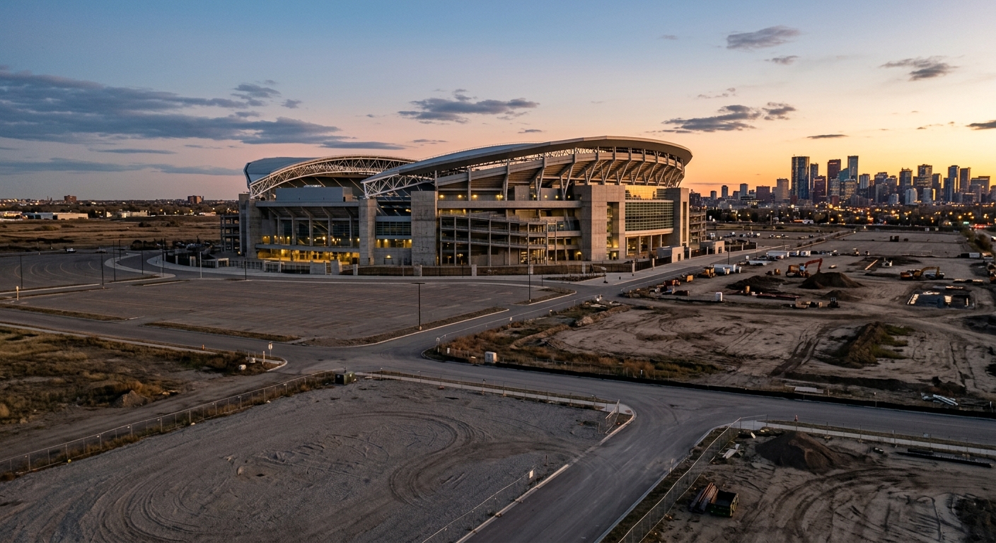 A large modern sports stadium at dusk surrounded by open development land, with a distant city skyline on the horizon.