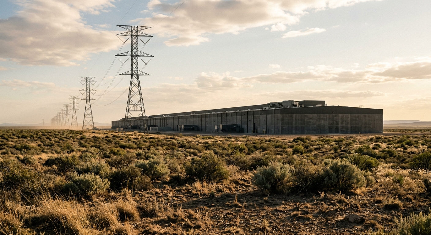 A long windowless data center building on flat West Texas scrubland with high-voltage transmission lines running to the horizon.