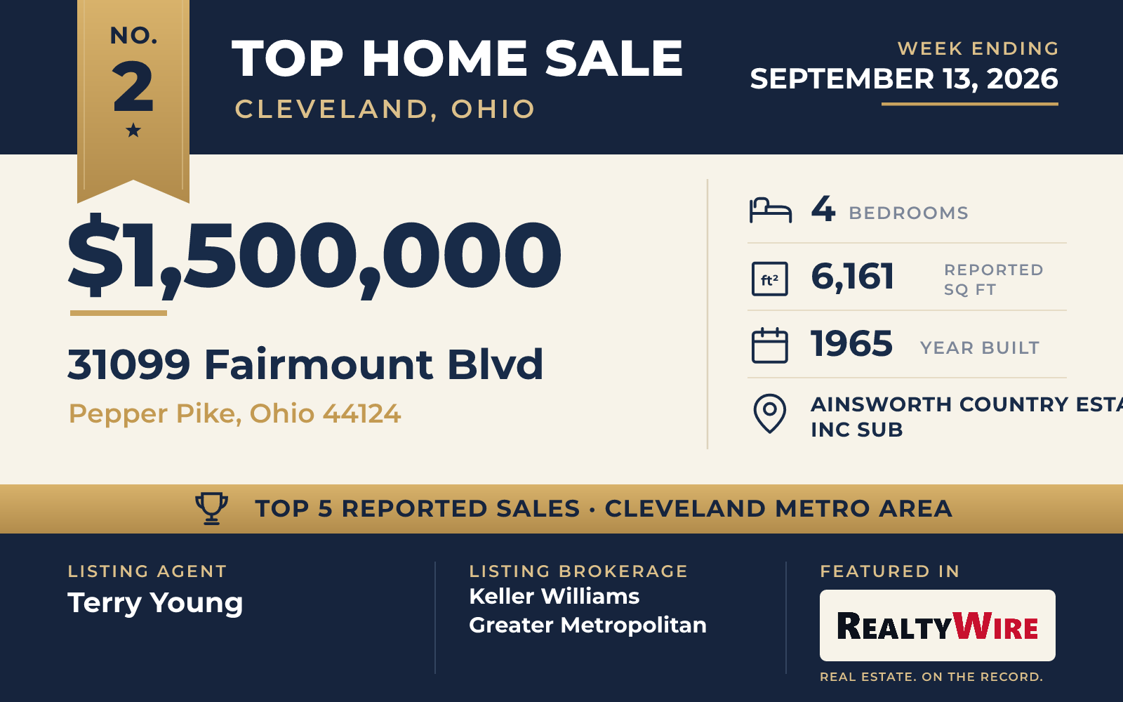 Top home sale No. 2 in the Cleveland, Ohio metro area β 31099 Fairmount Blvd, Pepper Pike, Ohio, week ending September 13, 2026