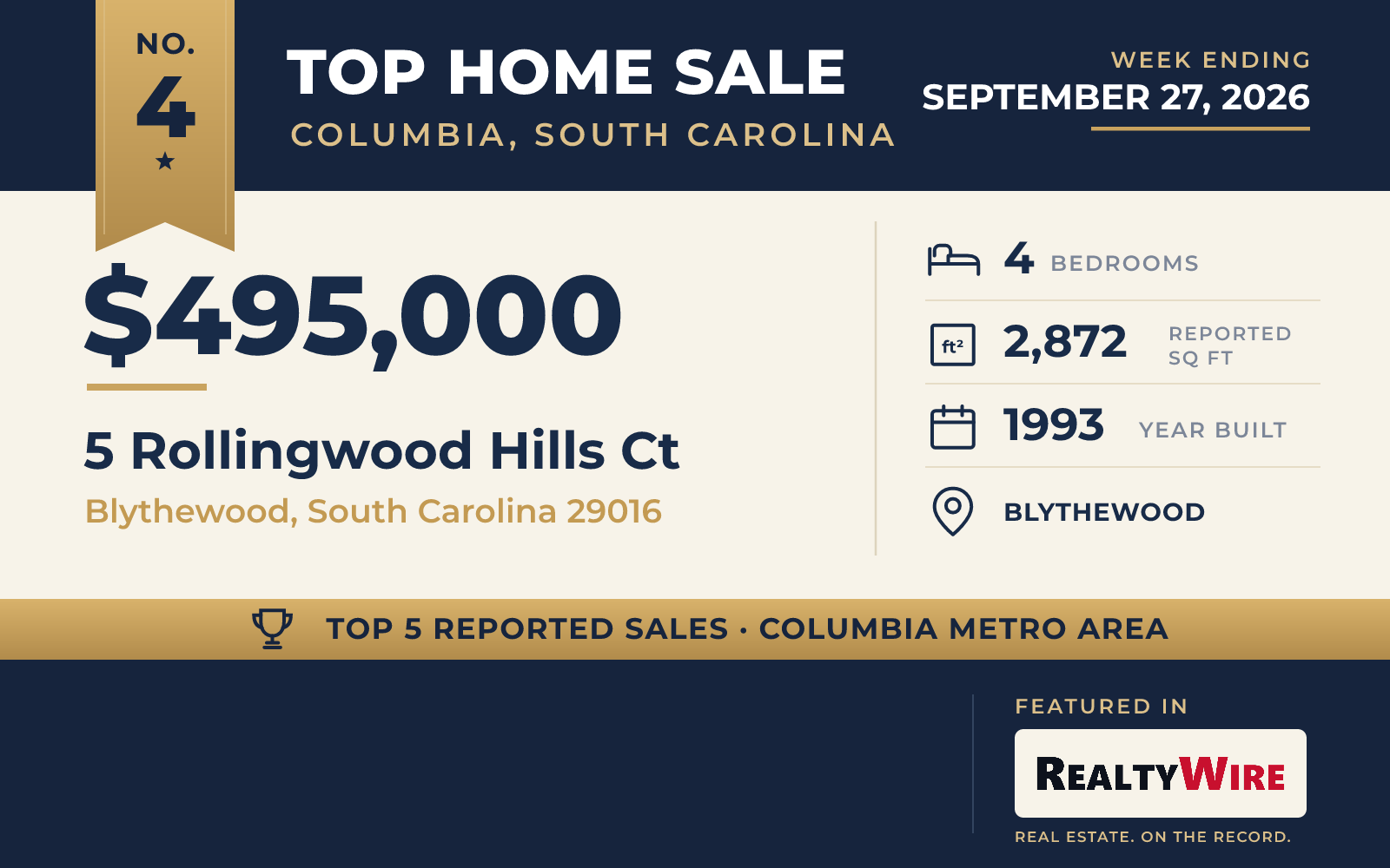 Top home sale No. 4 in the Columbia, South Carolina metro area β 5 Rollingwood Hills Ct, Blythewood, South Carolina, week ending September 27, 2026