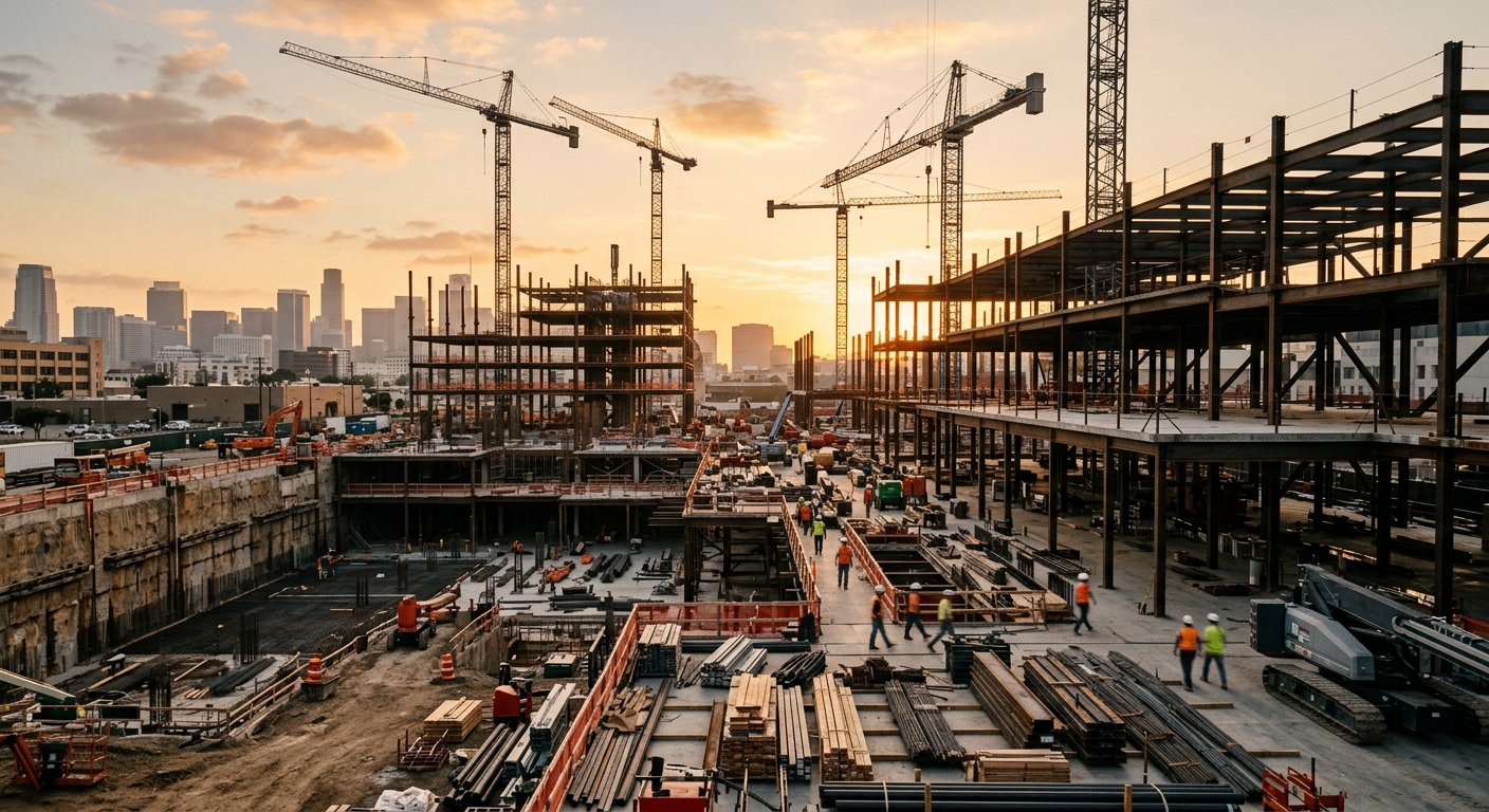 Tower cranes rise over a large commercial construction site with exposed structural steel in late afternoon light.