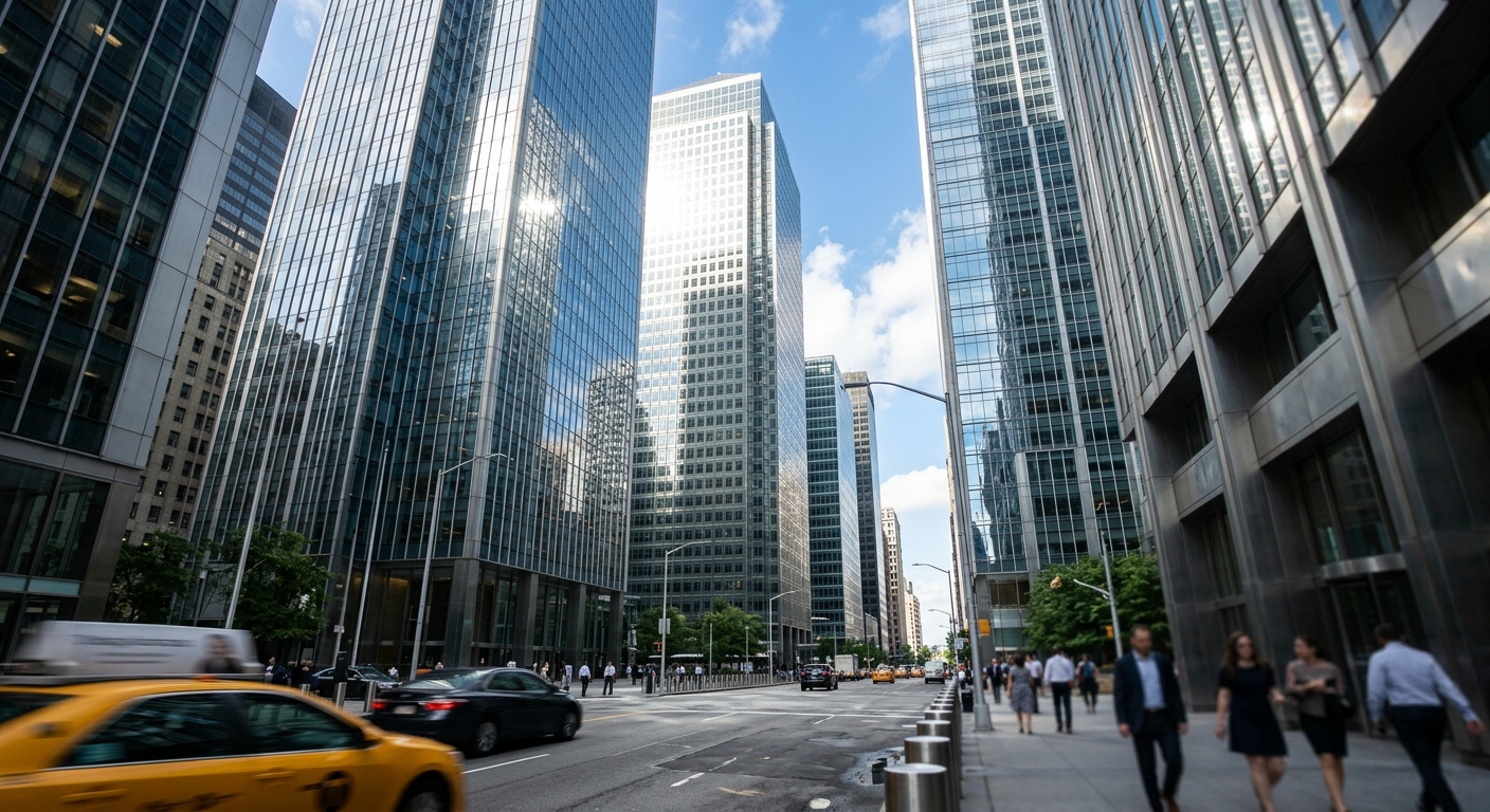 Glass and steel office towers in a financial district photographed from street level at midday.