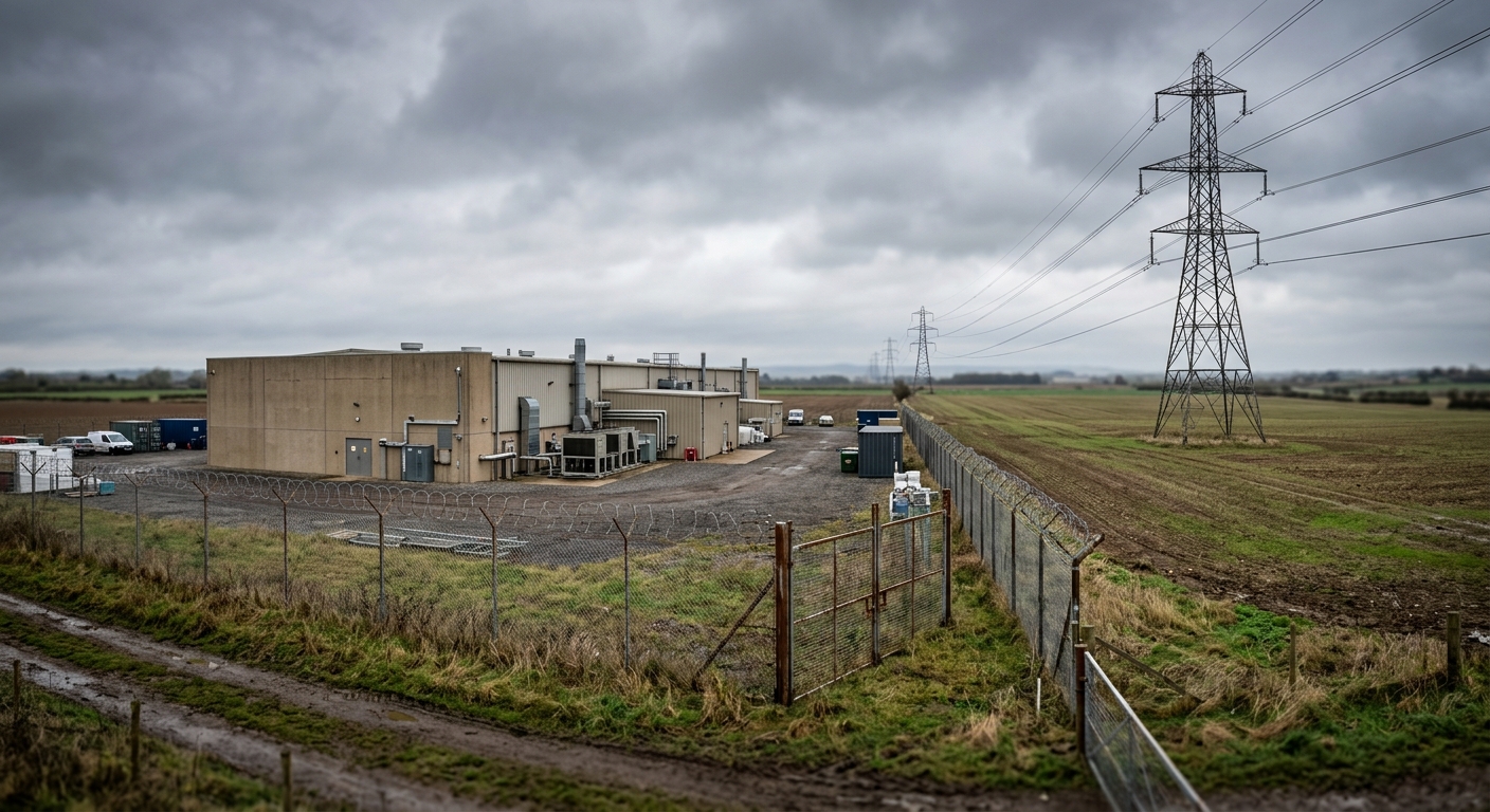 A large windowless data center building beside farmland, with high-voltage transmission towers and power lines running toward it under an overcast sky.