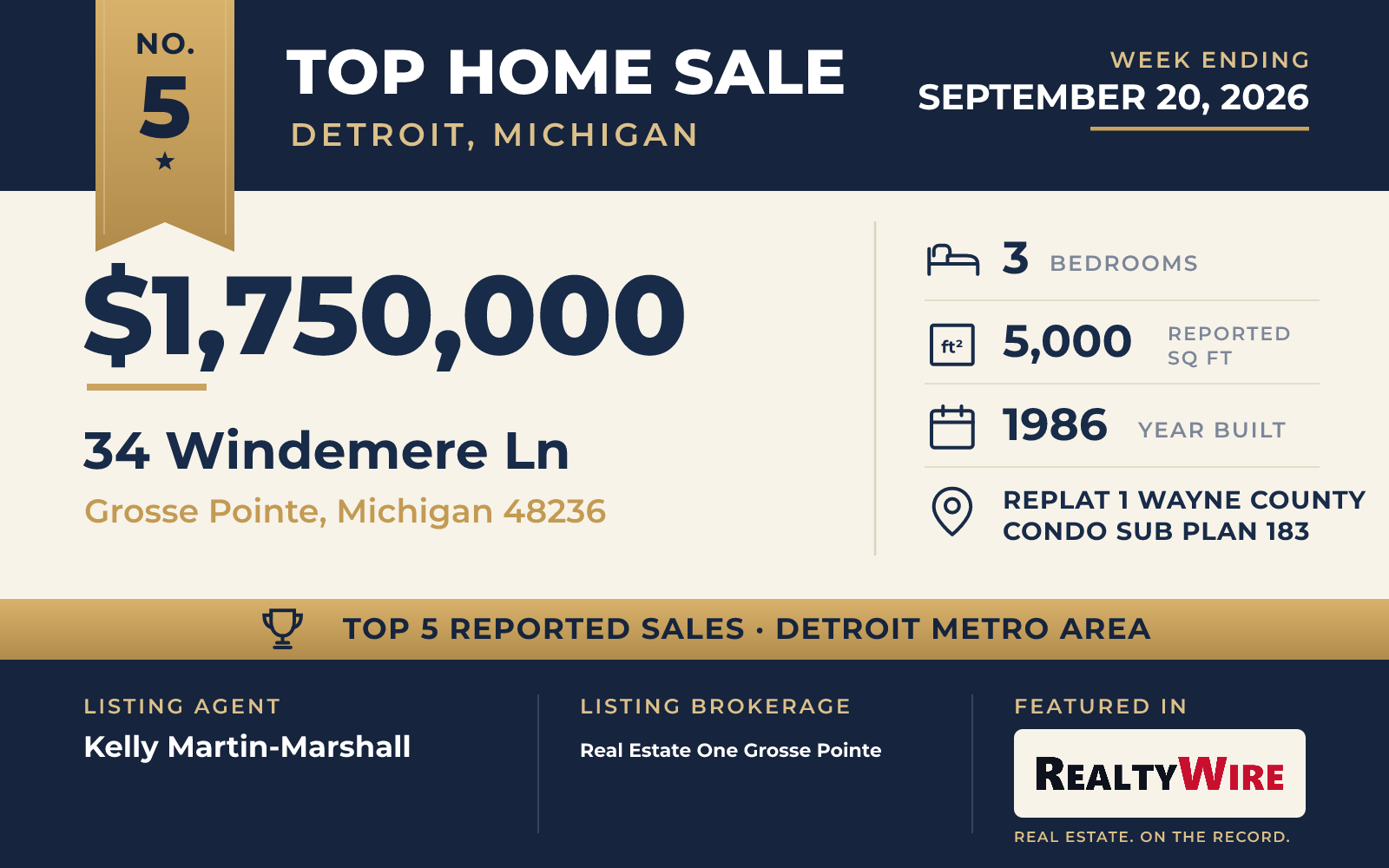 Top home sale No. 5 in the Detroit, Michigan metro area — 34 Windemere Ln, Grosse Pointe, Michigan, week ending September 20, 2026