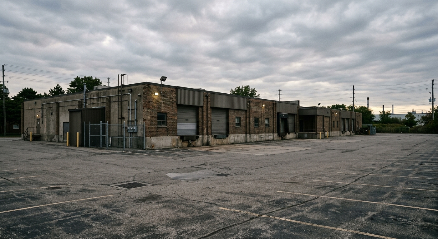 A low-rise suburban warehouse building beside an empty parking lot under overcast skies.