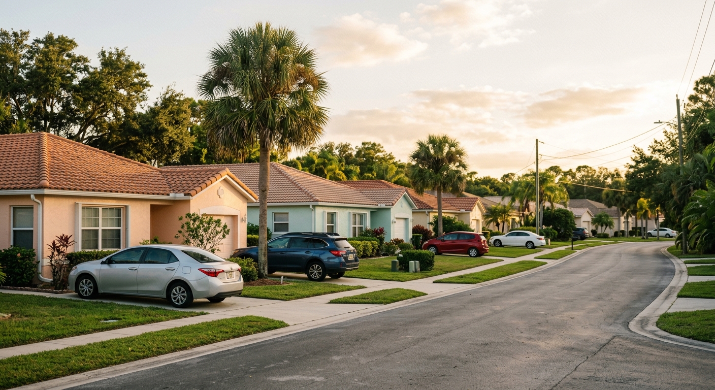 A quiet residential street of pastel Florida homes with tile roofs and palm trees in late-afternoon light.