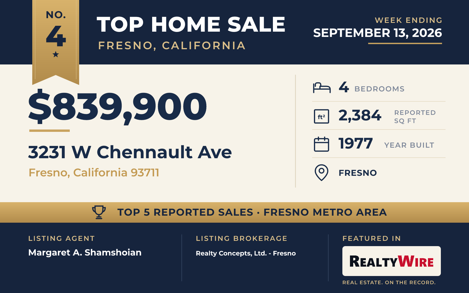 Top home sale No. 4 in the Fresno, California metro area β 3231 W Chennault Ave, Fresno, California, week ending September 13, 2026