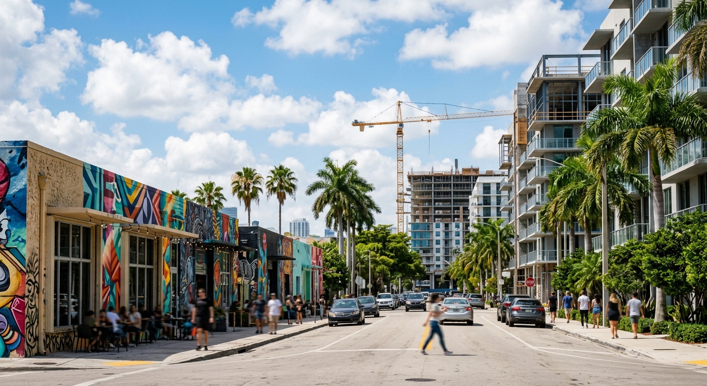 Low-rise warehouse buildings and new mid-rise construction with a crane in Miami's Wynwood district on a sunny afternoon.