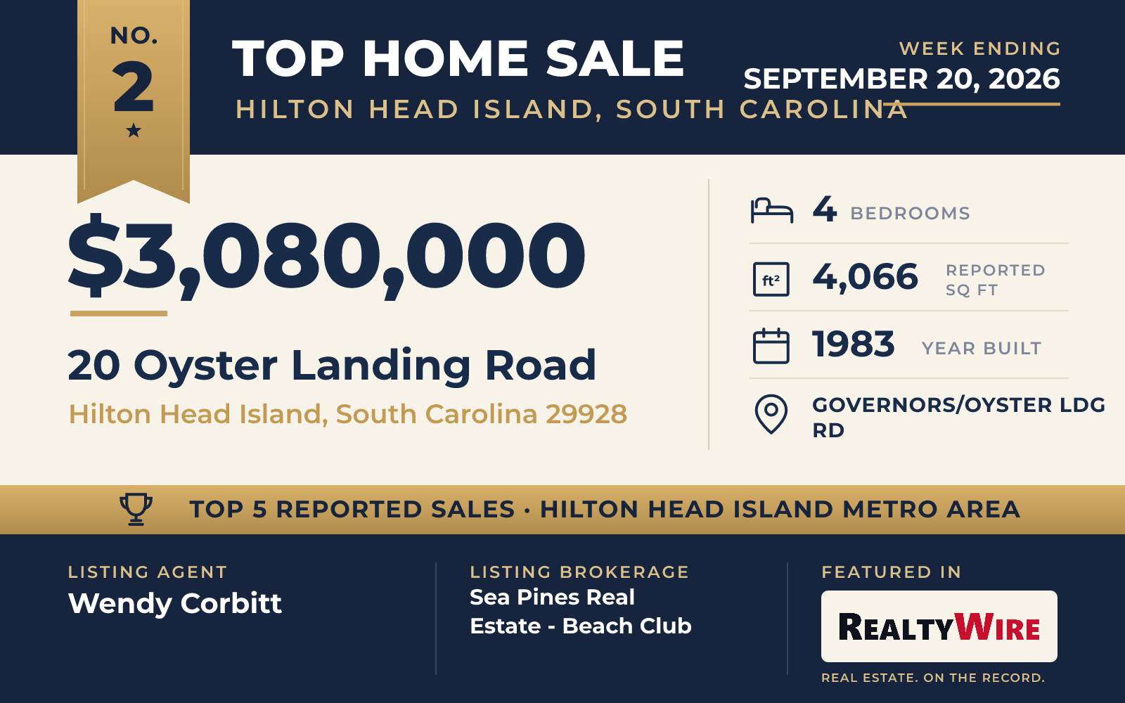 Top home sale No. 2 in the Hilton Head Island, South Carolina metro area β 20 Oyster Landing Road, Hilton Head Island, South Carolina, week ending September 20, 2026