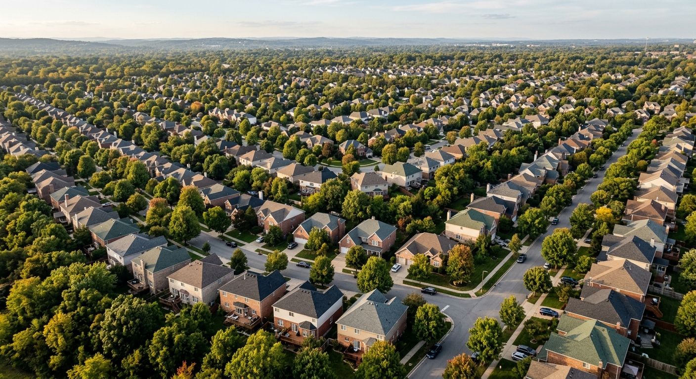 An aerial view of an American residential neighborhood of detached single-family houses.
