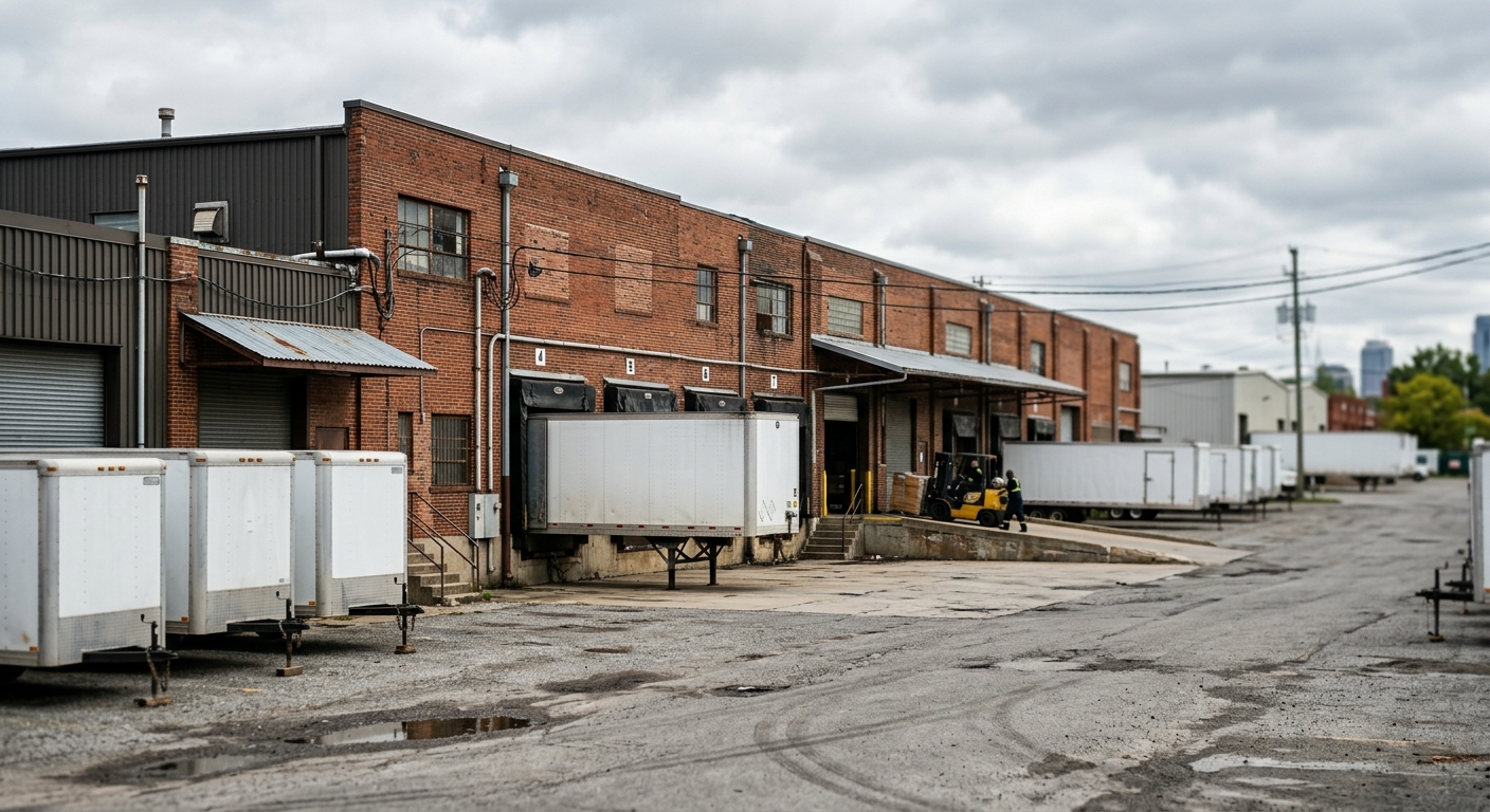 A row of low-rise light-industrial warehouse buildings with loading docks in an urban business park.