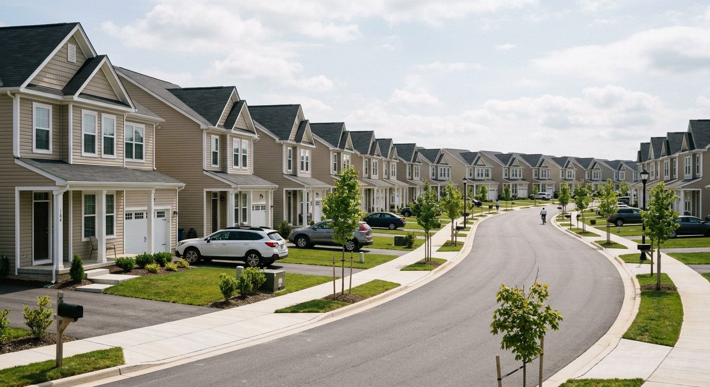 A street of newly built, nearly identical single-family houses in a suburban subdivision.