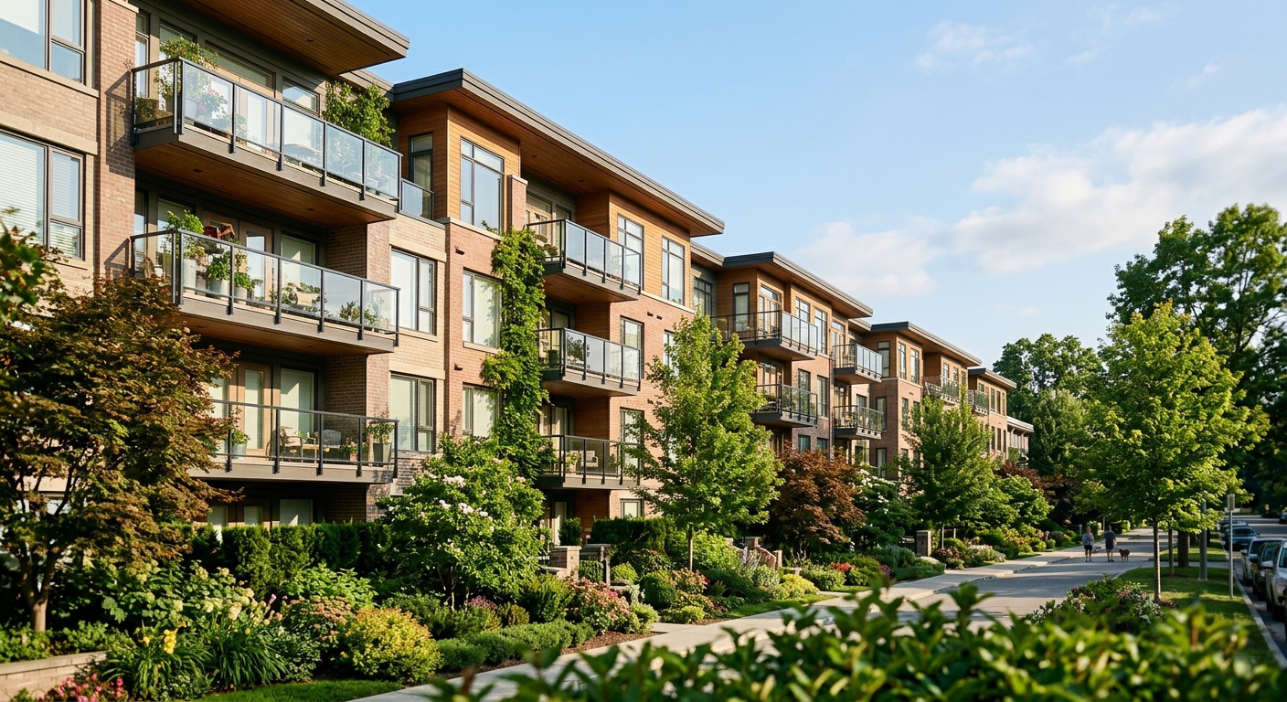 Modern mid-rise garden-style apartment buildings with balconies and landscaped grounds on a clear morning.