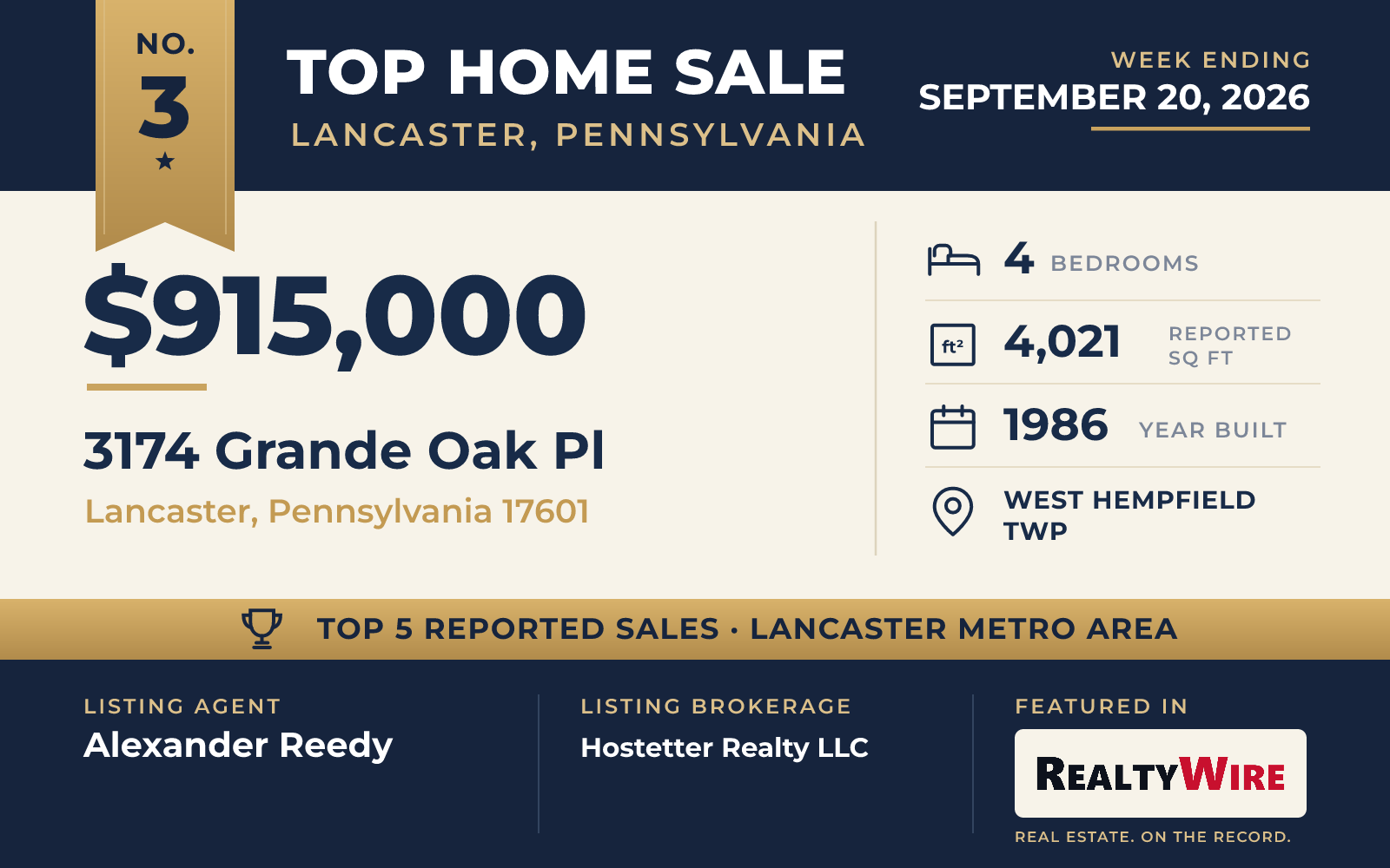 Top home sale No. 3 in the Lancaster, Pennsylvania metro area β 3174 Grande Oak Pl, Lancaster, Pennsylvania, week ending September 20, 2026