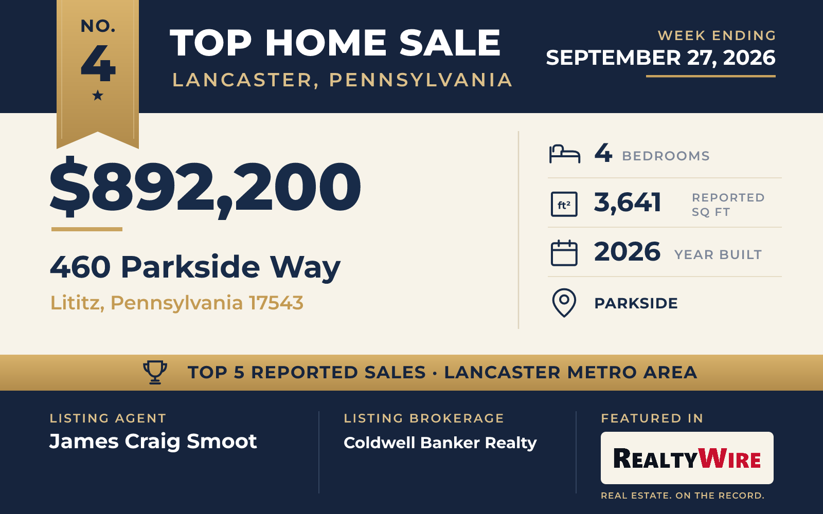 Top home sale No. 4 in the Lancaster, Pennsylvania metro area — 460 Parkside Way, Lititz, Pennsylvania, week ending September 27, 2026
