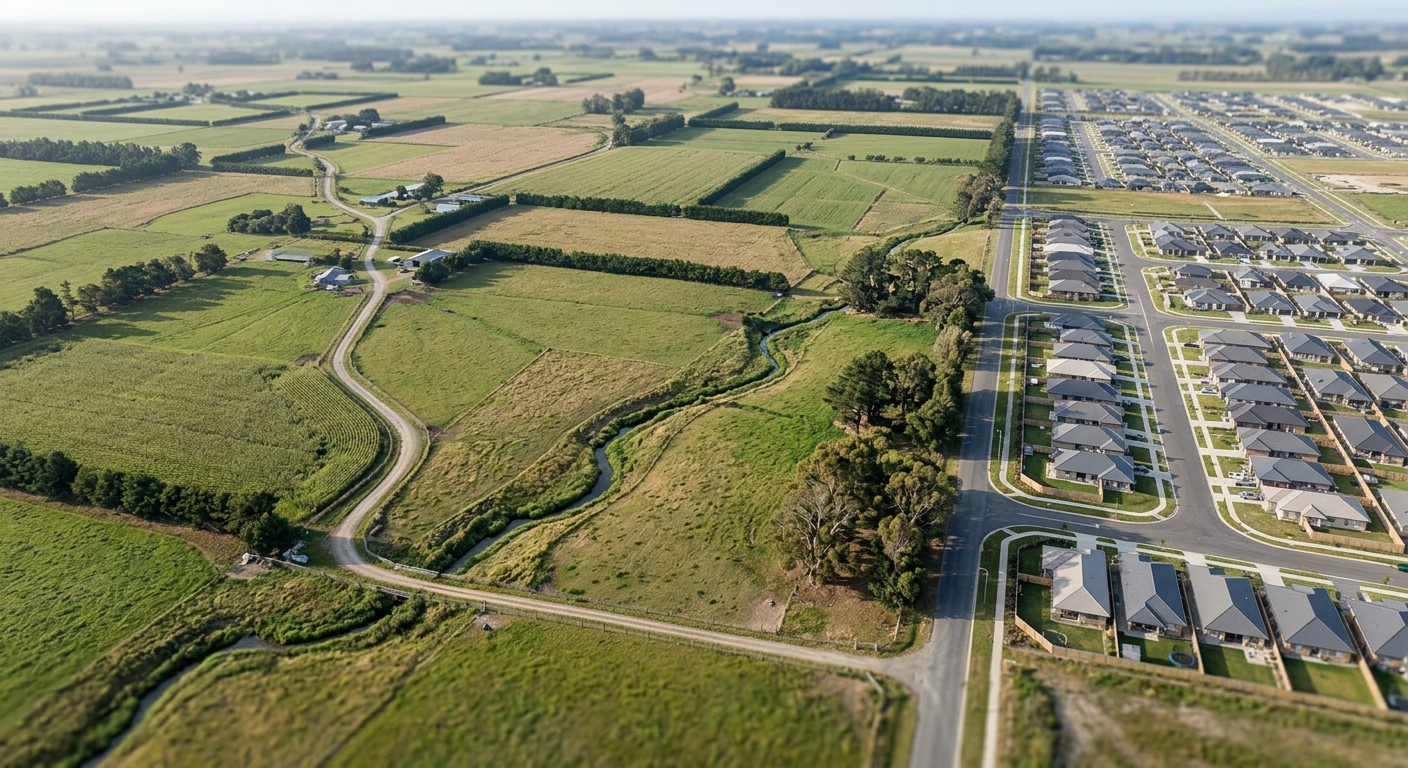An aerial view of rural parcels and fence lines meeting the edge of a suburban subdivision, with dirt roads and a creek crossing the land.