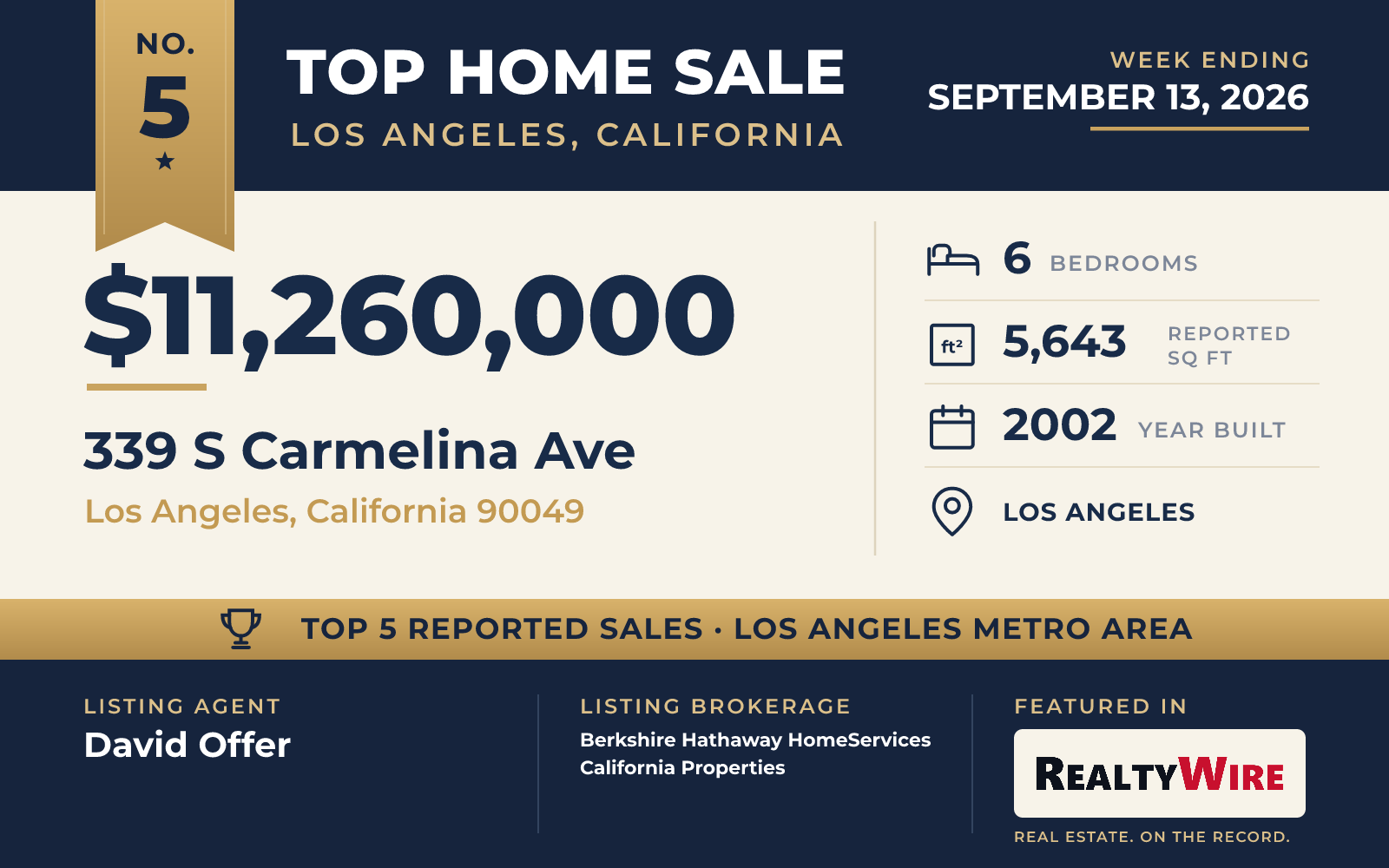 Top home sale No. 5 in the Los Angeles, California metro area β 339 S Carmelina Ave, Los Angeles, California, week ending September 13, 2026