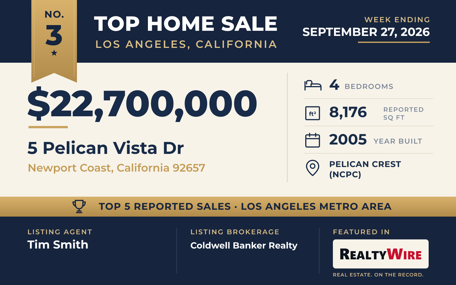 Top home sale No. 3 in the Los Angeles, California metro area — 5 Pelican Vista Dr, Newport Coast, California, week ending September 27, 2026