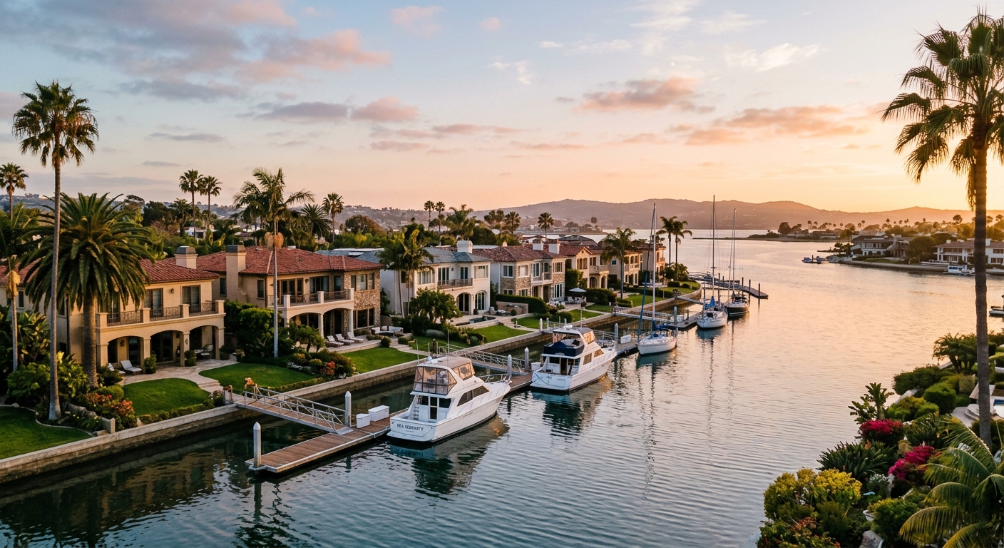 Waterfront luxury homes with private docks along a calm coastal inlet at golden hour.
