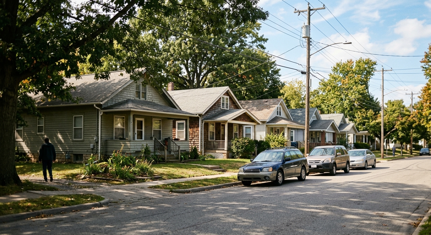 A row of modest older single-family houses along a sunlit residential street in a mid-sized American city.
