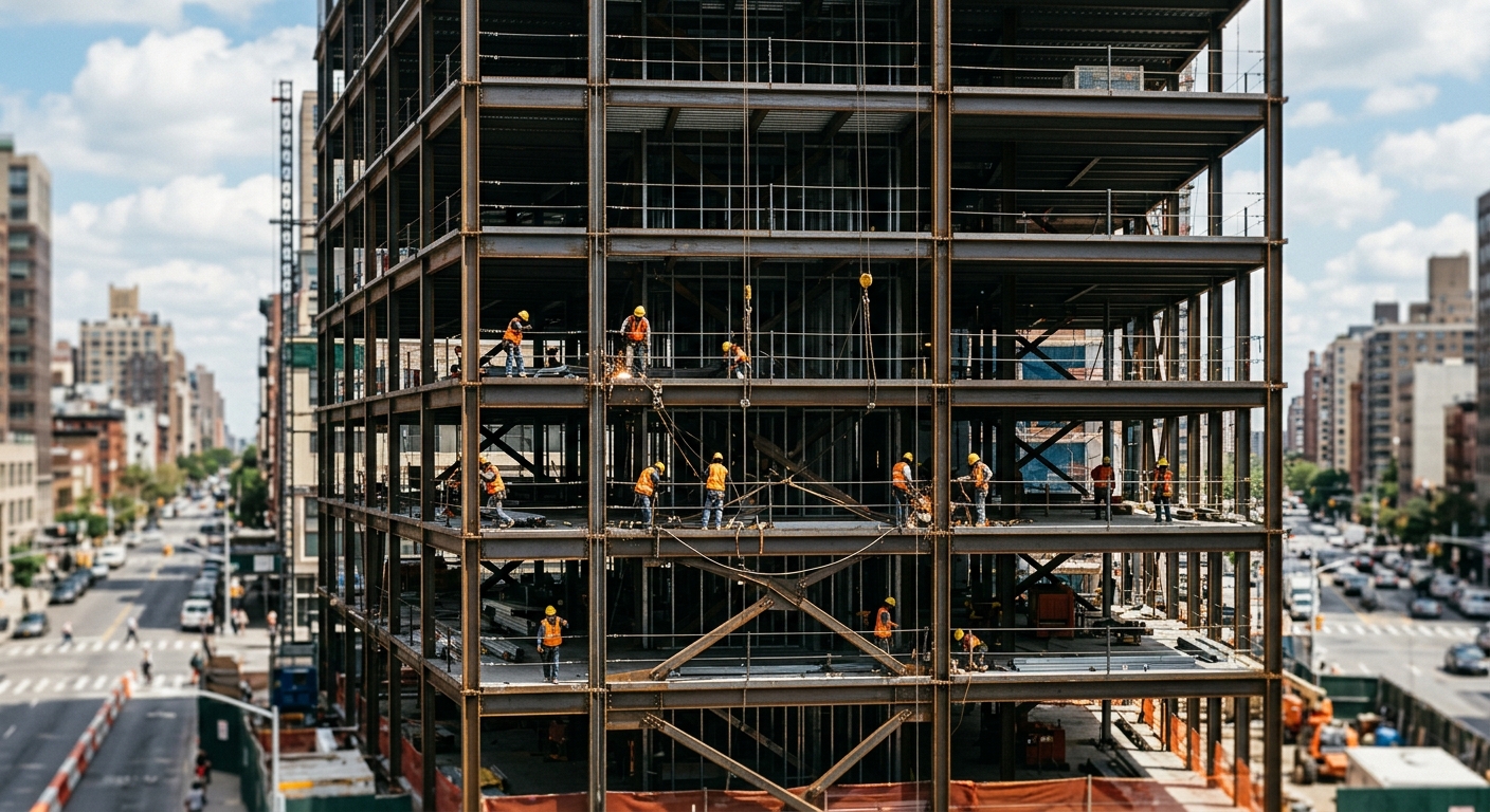 Construction workers in hard hats and high-visibility vests on the steel frame of a mid-rise building at midday.