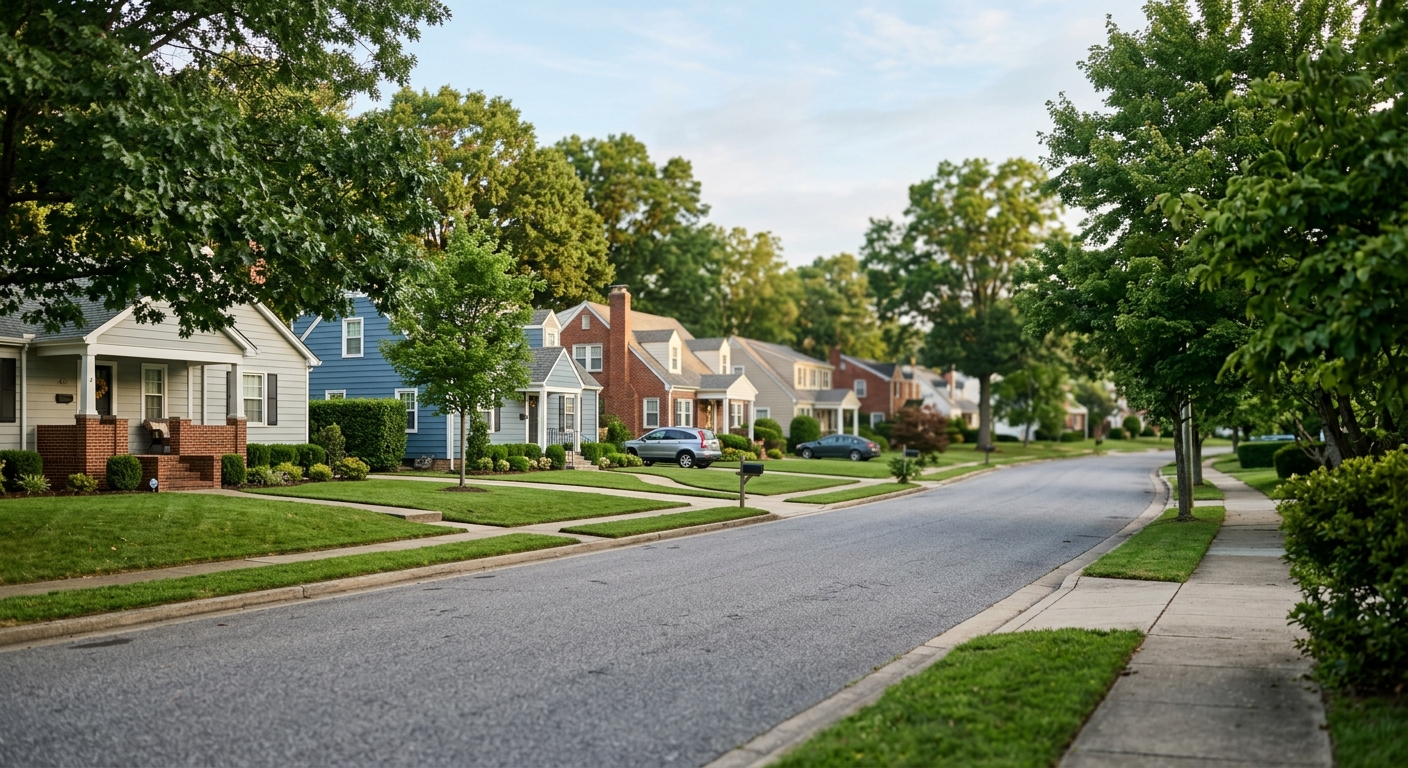 A quiet suburban street lined with single-family homes and mature trees in early morning light.